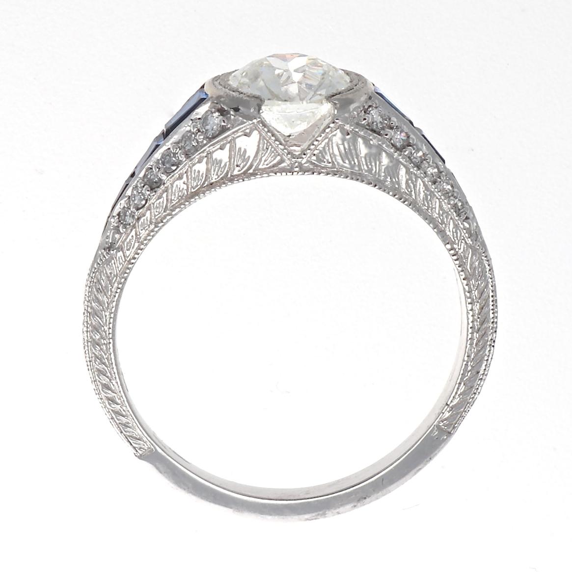 Art Deco Revival GIA Diamond Sapphire Platinum Engagement Ring In New Condition In Beverly Hills, CA