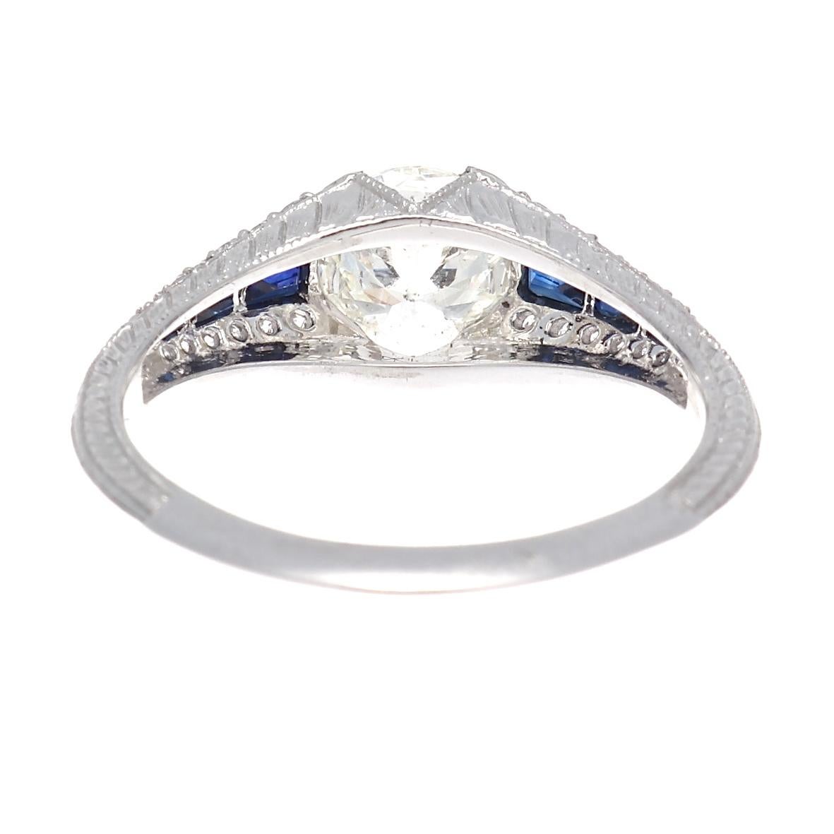 Women's Art Deco Revival GIA Diamond Sapphire Platinum Engagement Ring