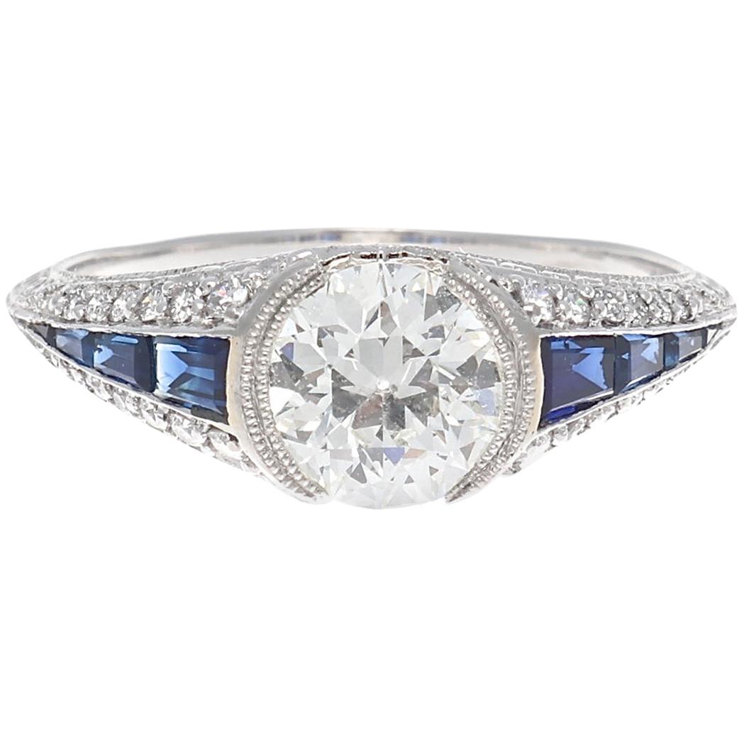 Art Deco Revival GIA Diamond Sapphire Platinum Engagement Ring