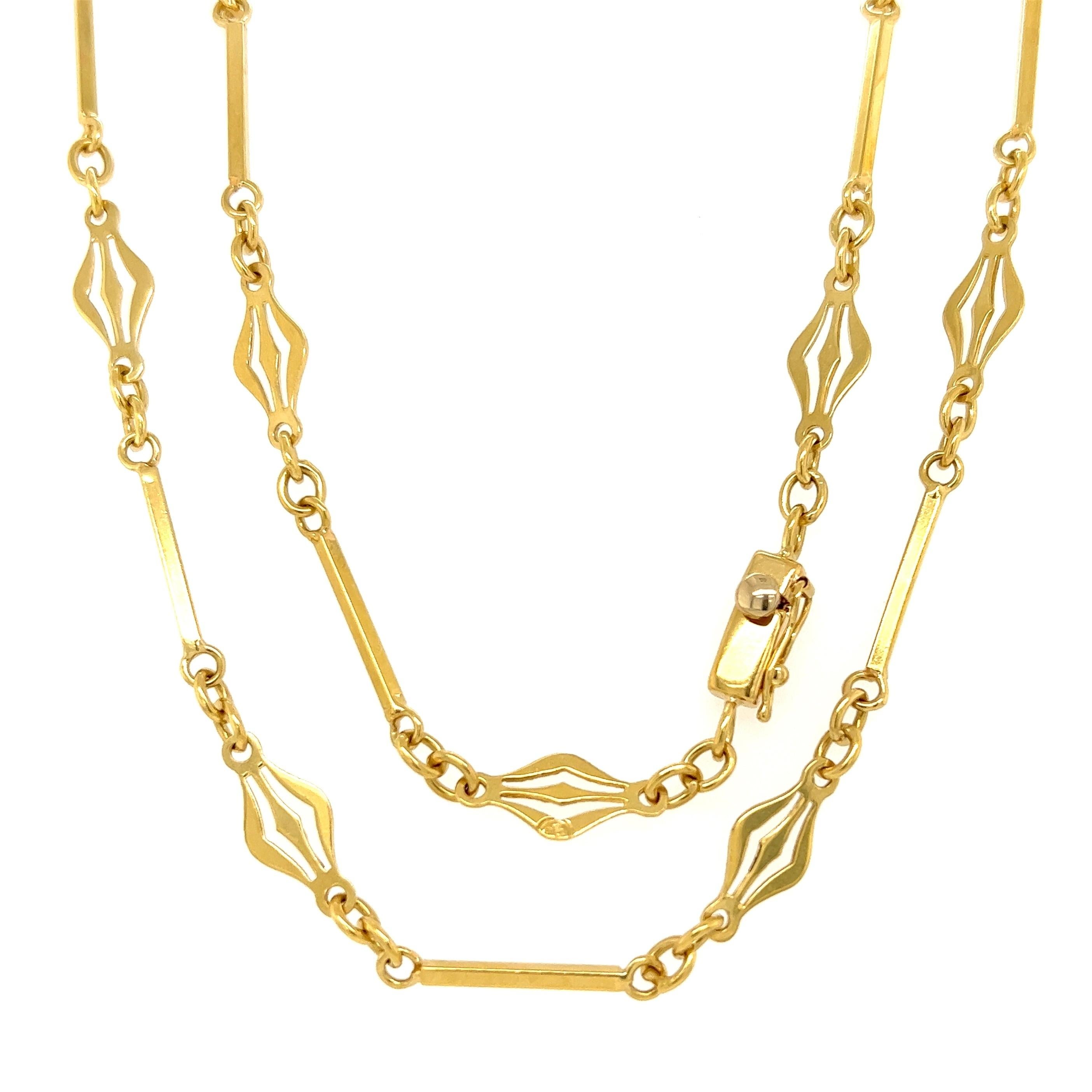 High Quality 18K Yellow Gold Art Deco Revival Open Chain Bar Link Necklace Beautifully Hand crafted in 18K Yellow Gold. Measuring approx. 36