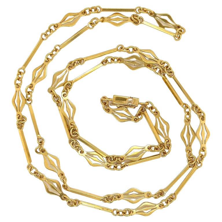 Art Deco Revival Gold Bar and Link Chain Necklace Estate Fine Jewelry
