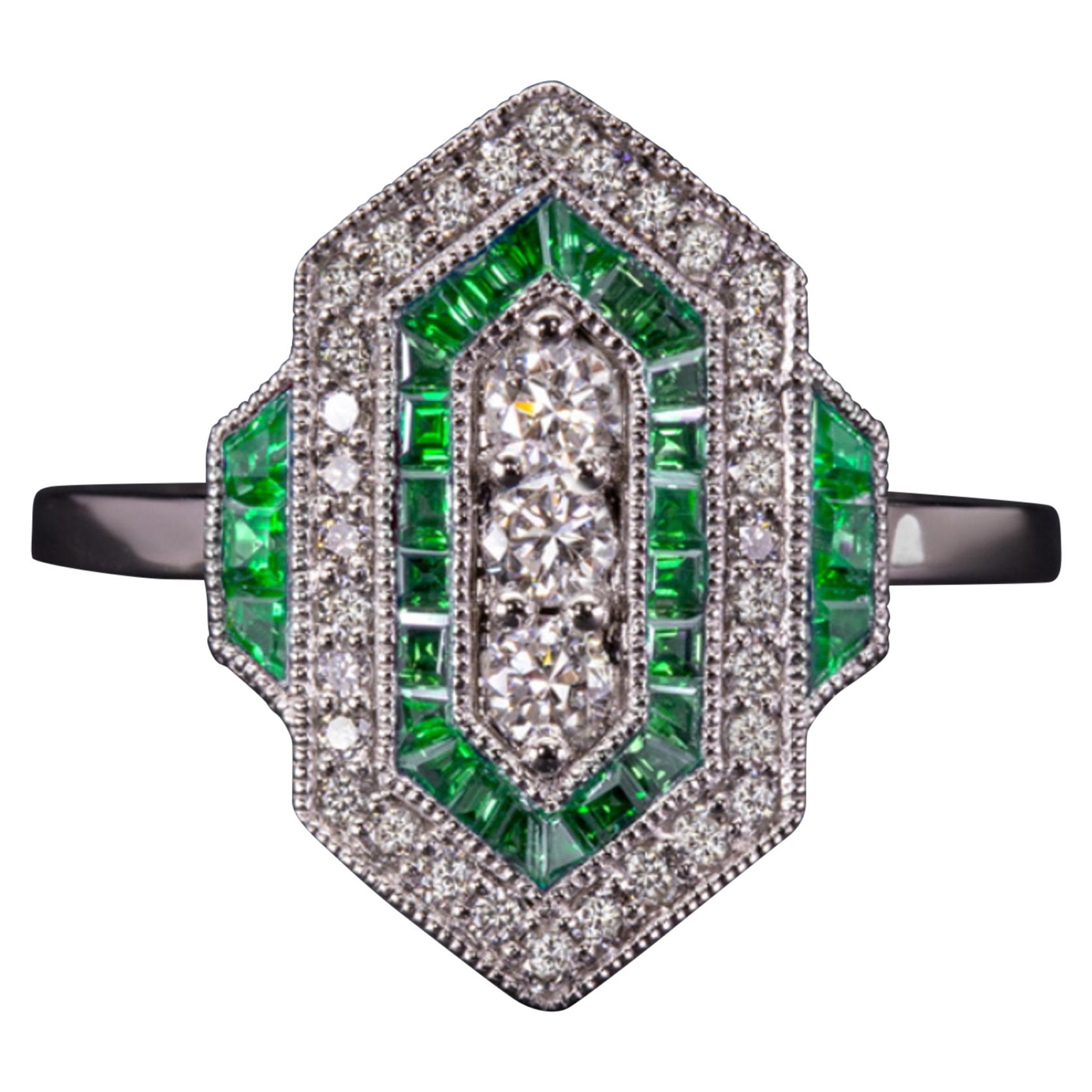 Art Deco Green Emeralds White Diamonds White Gold Ring