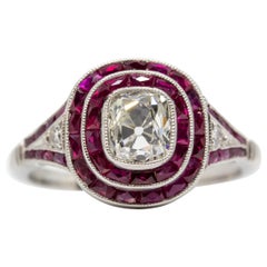 Antique Art Deco Revival Handmade Platinum Diamond and Ruby Double Halo Ring