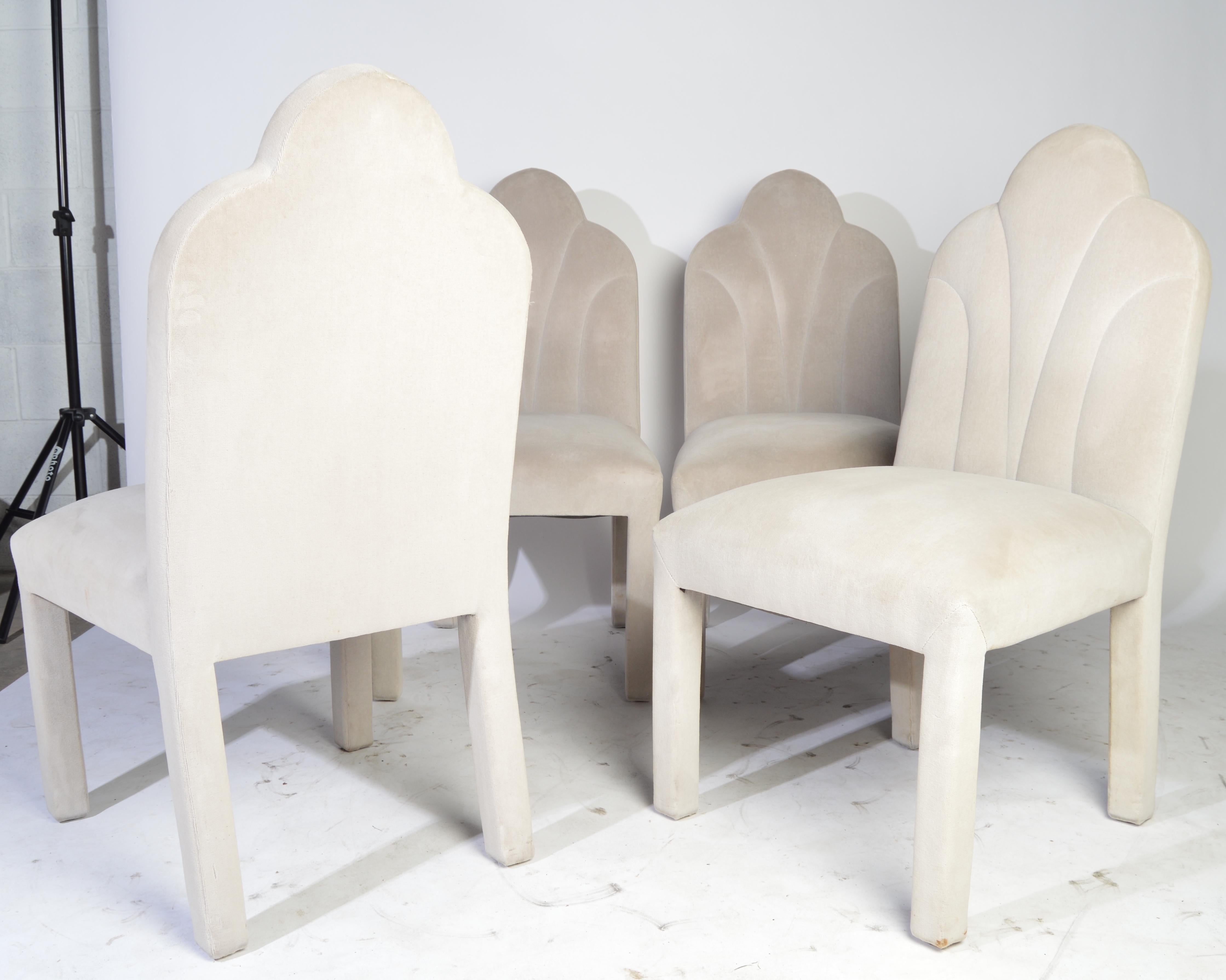 A fabulous set of 6 Art Deco Revival dining chairs by Lenwood Furniture Co. Inc. of N.C. having soft velvet upholstery circa 1970.
Beautiful overall condition having a few tiny spots from as shown in the images provided. Solid and sturdy.
Seat