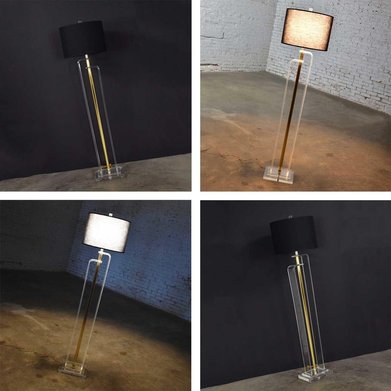 Art Deco Revival Hollywood Regency Lucite and Brass Plate Floor Lamp