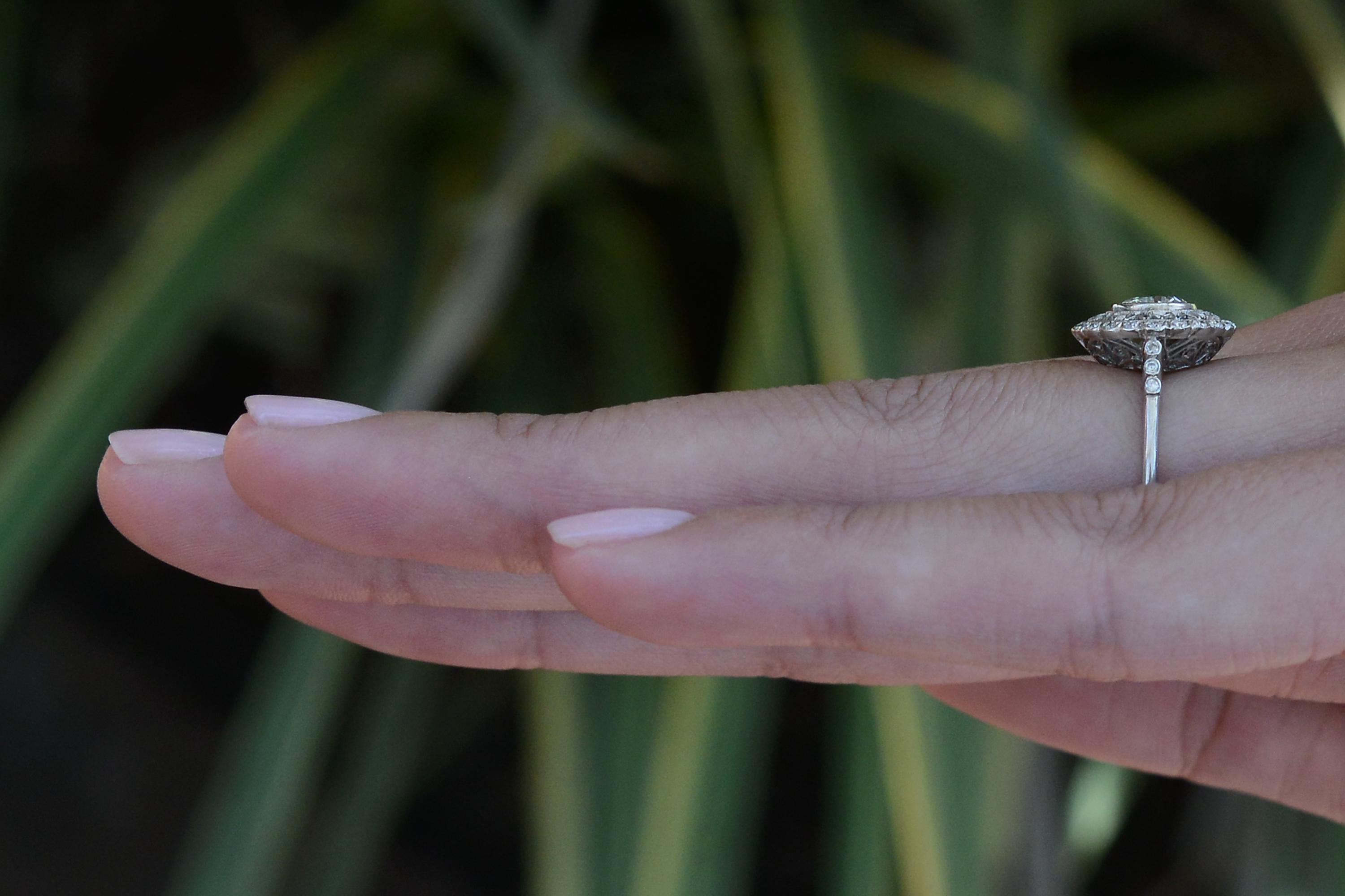 Old European Cut Art Deco Revival Honeycomb Filigree Diamond Engagement Ring For Sale