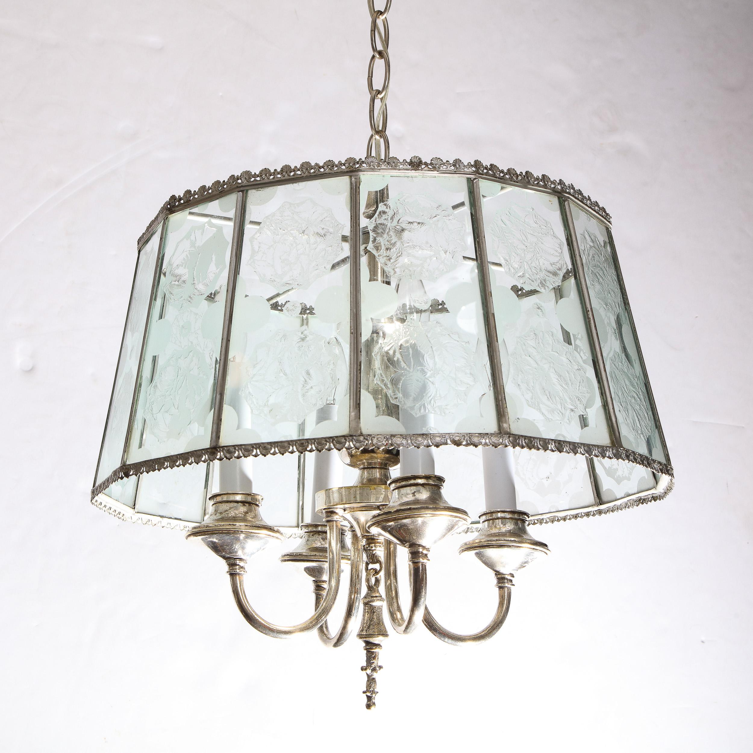 Art Deco Revival Lantern Translucent Glass Pendant with Silvered Fittings 3