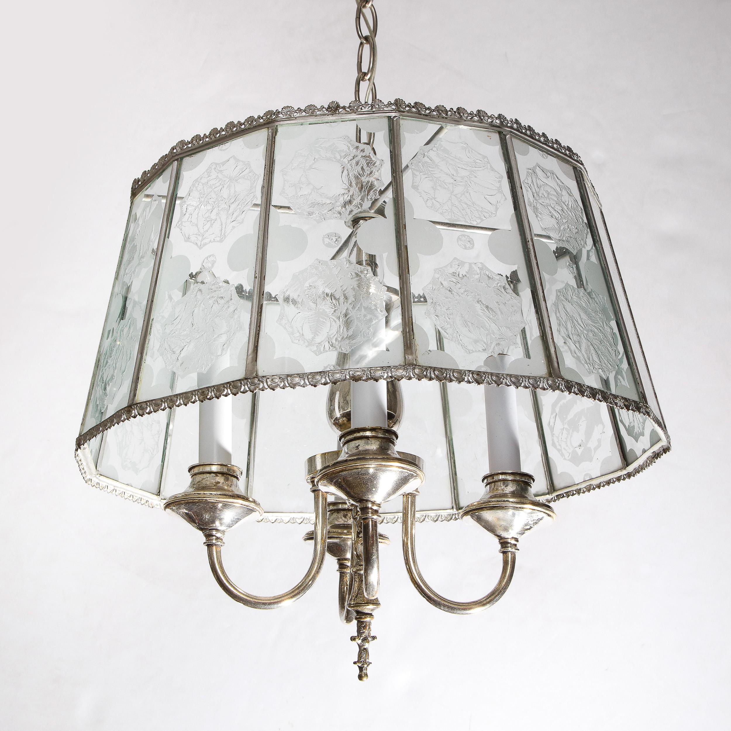 American Art Deco Revival Lantern Translucent Glass Pendant with Silvered Fittings