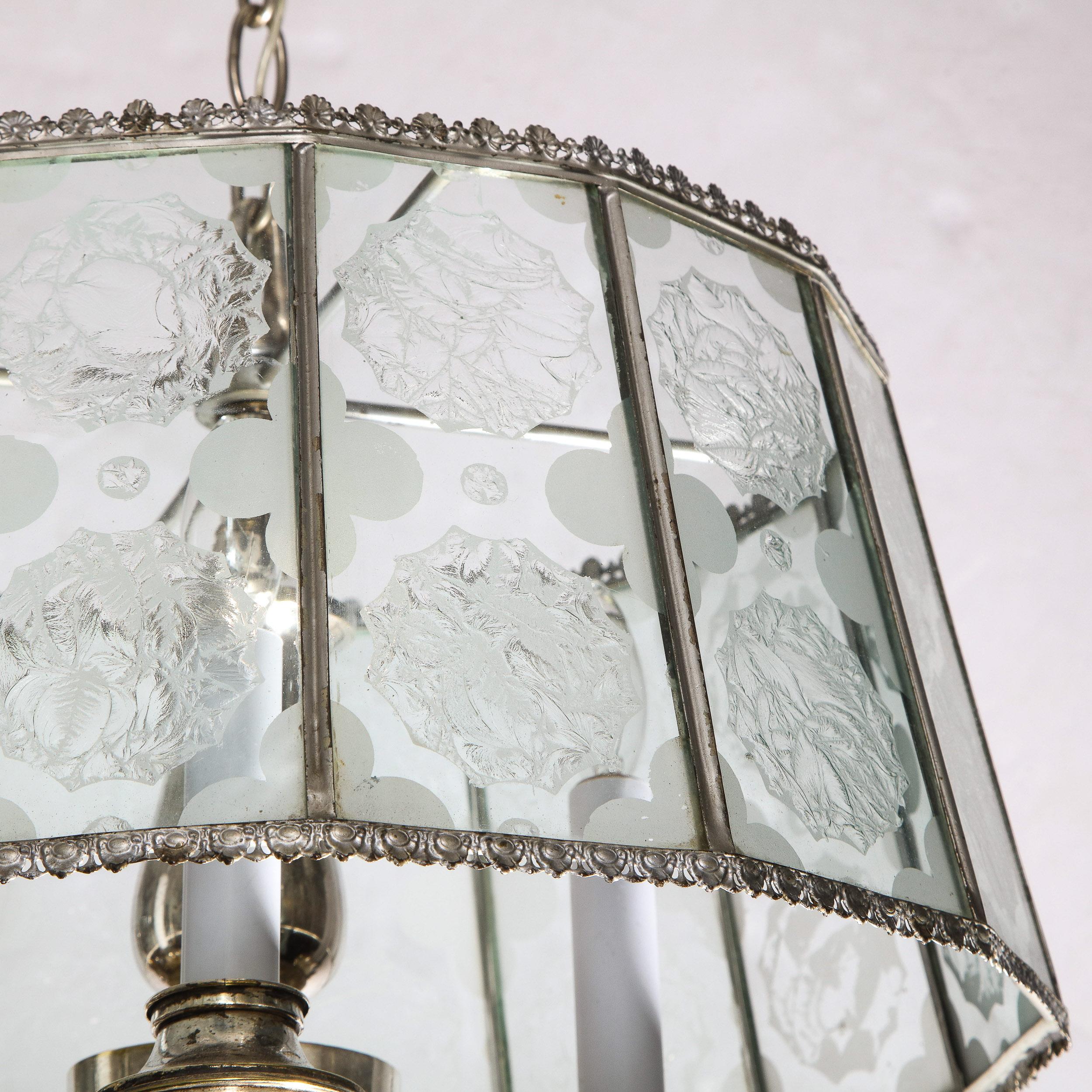Art Deco Revival Lantern Translucent Glass Pendant with Silvered Fittings In Excellent Condition In New York, NY