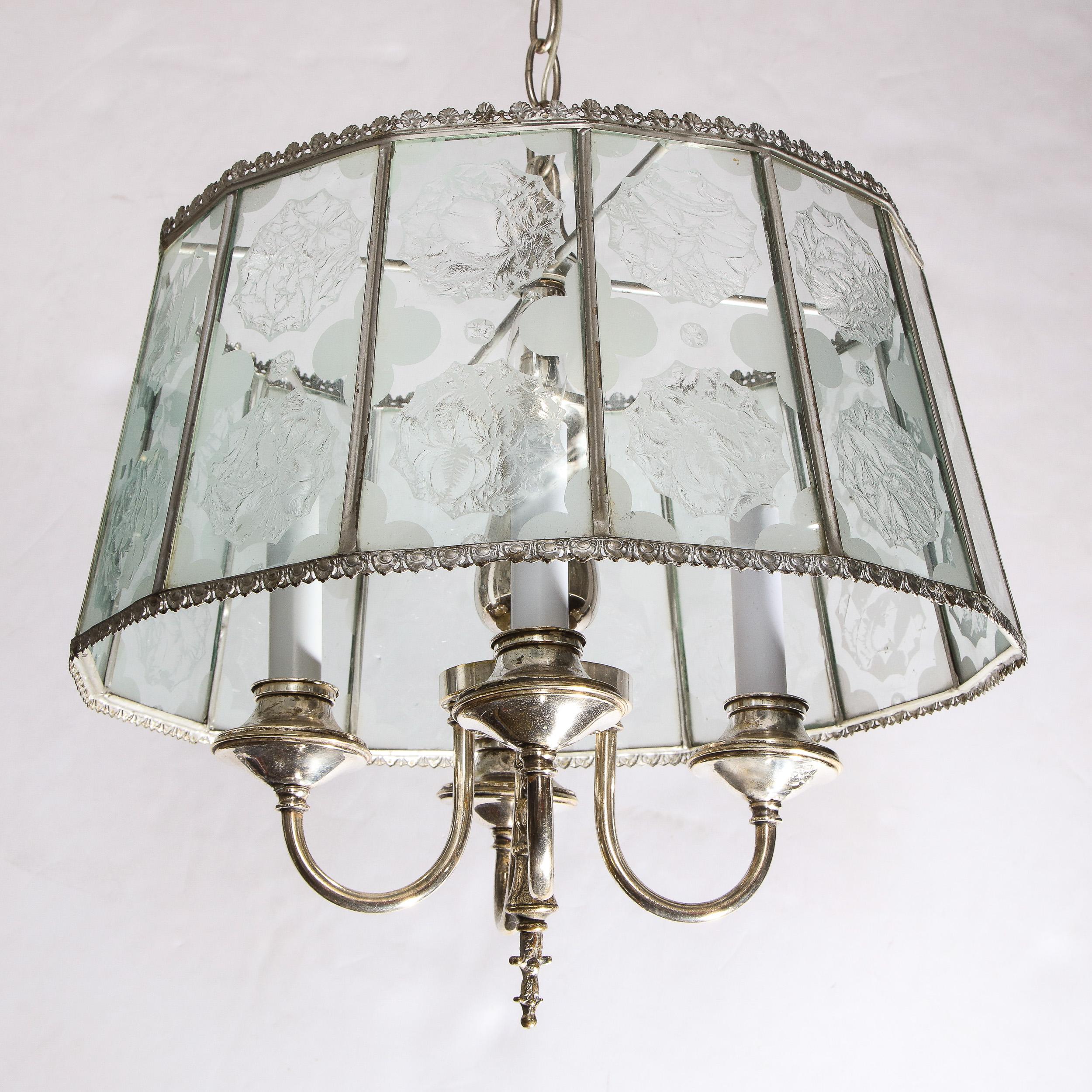 Bronze Art Deco Revival Lantern Translucent Glass Pendant with Silvered Fittings