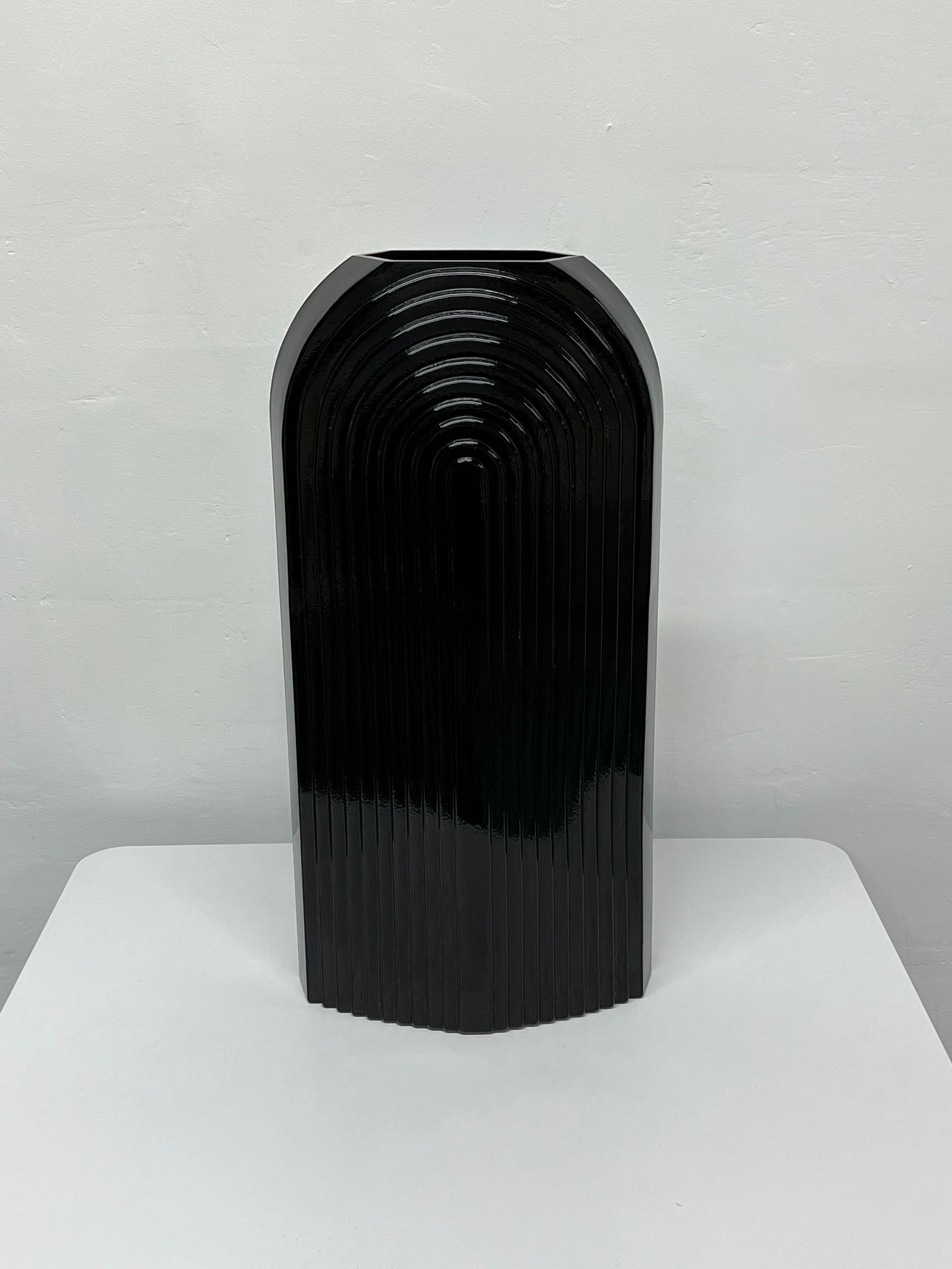 1980s Art Deco Revival fluted black ceramic vase.