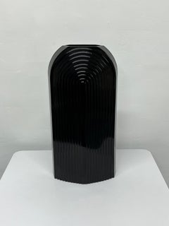 Art Deco Revival Large Fluted Black Ceramic Vase, 1980s