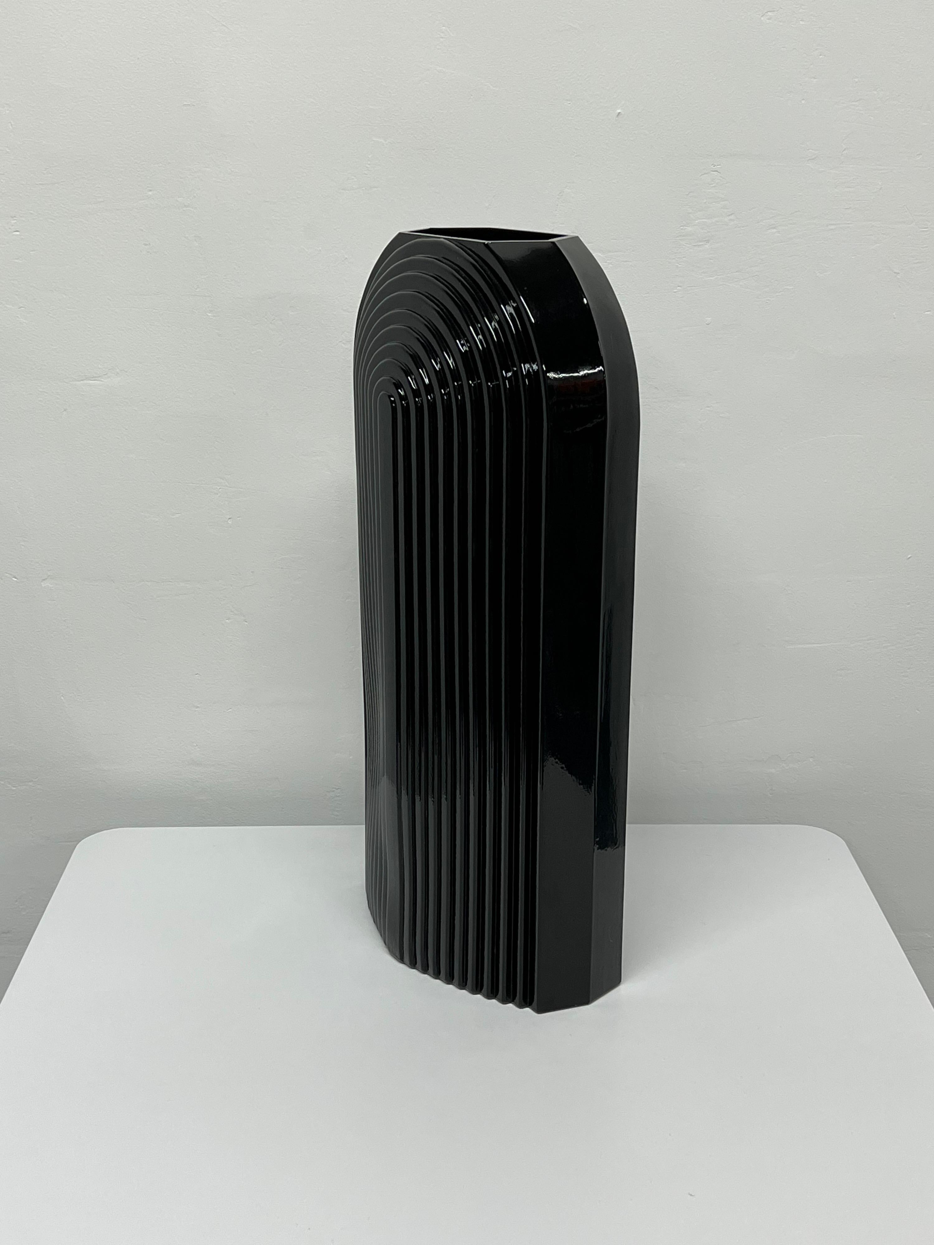 20th Century Art Deco Revival Large Fluted Black Ceramic Vase, 1980s