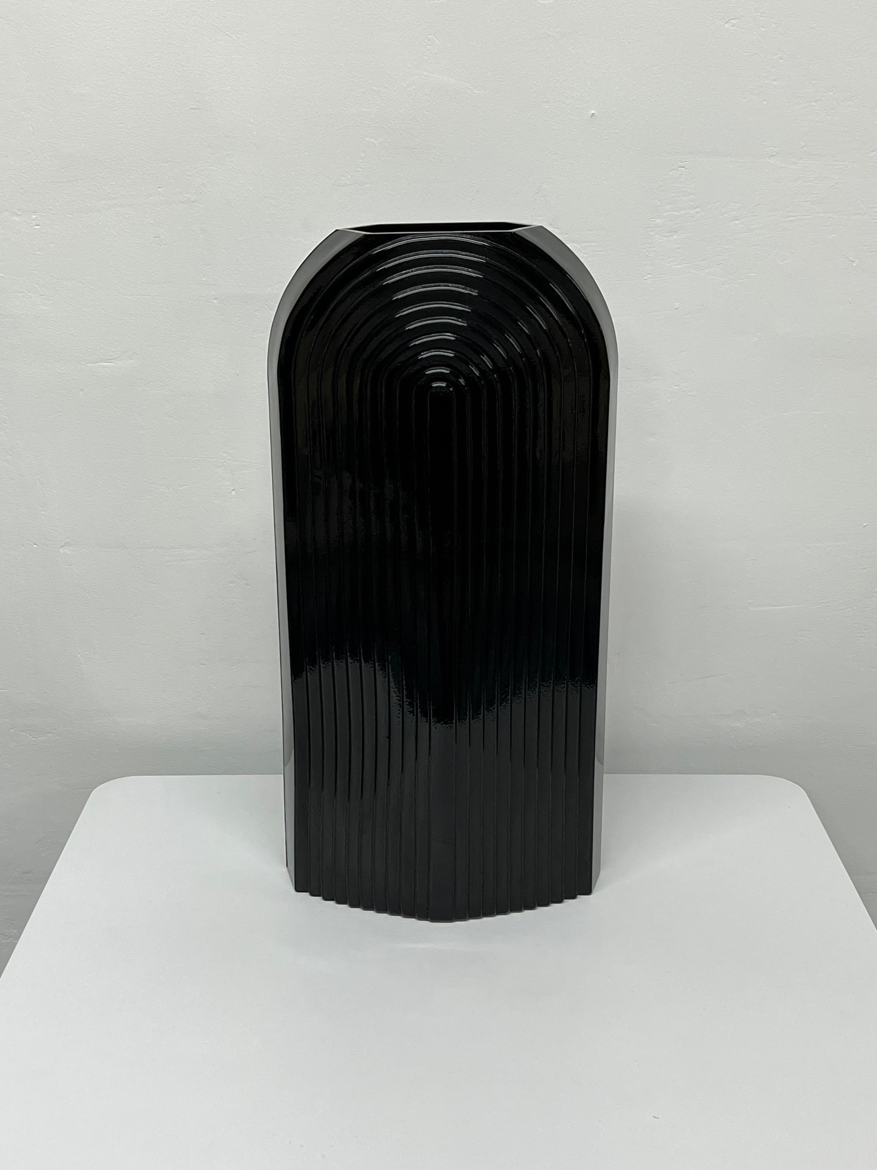 Art Deco Revival Large Fluted Black Ceramic Vase, 1980s 1