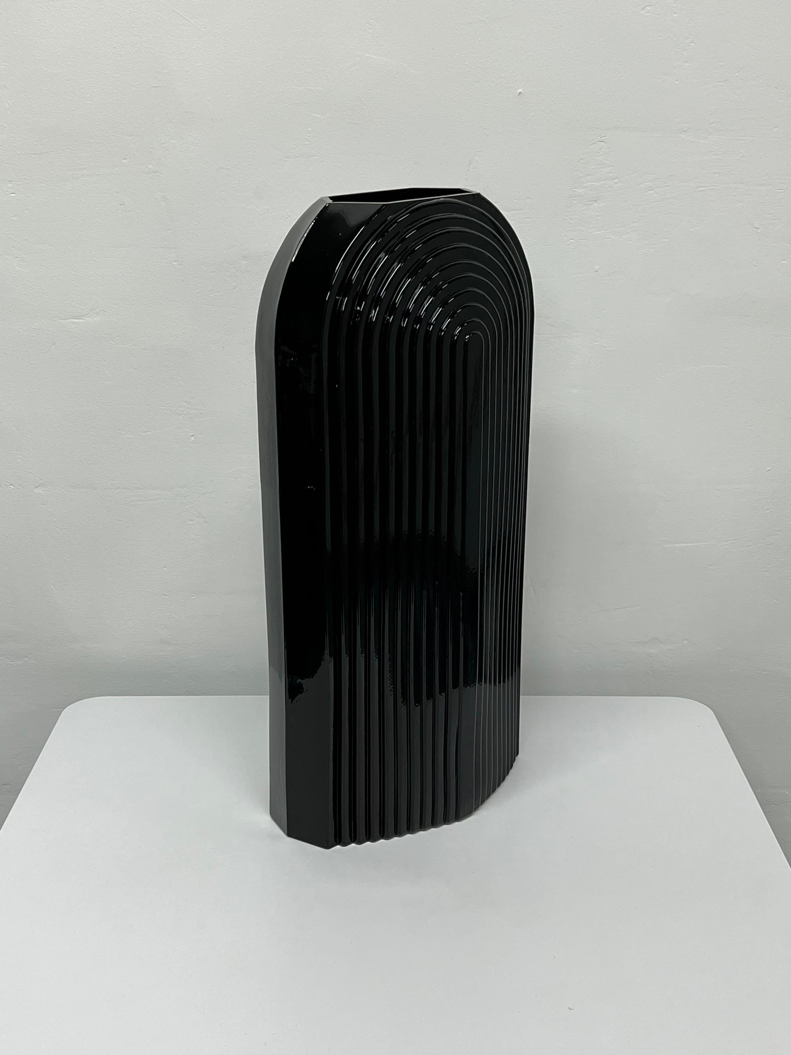 Art Deco Revival Large Fluted Black Ceramic Vase, 1980s 2