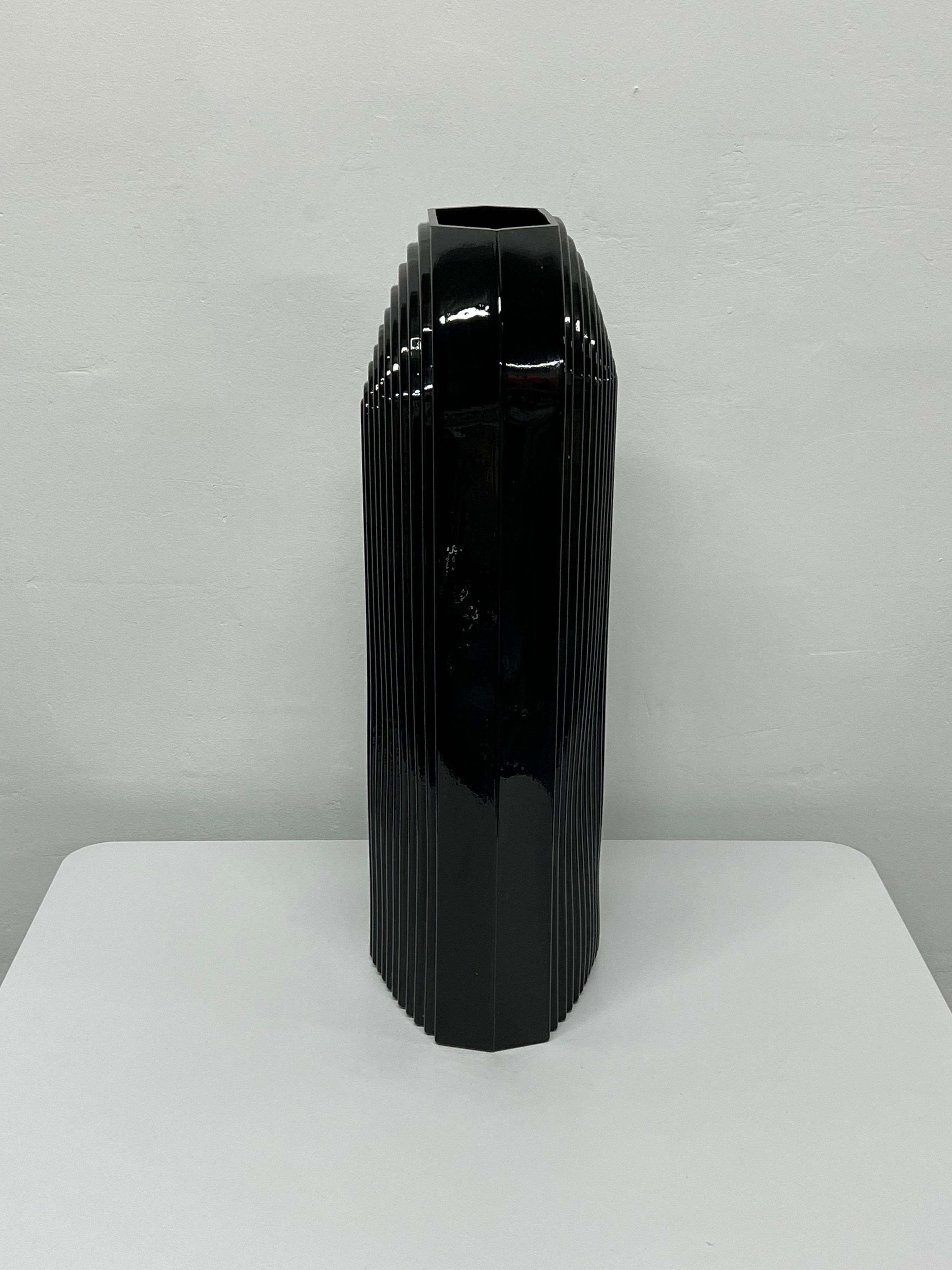 Art Deco Revival Large Fluted Black Ceramic Vase, 1980s 3