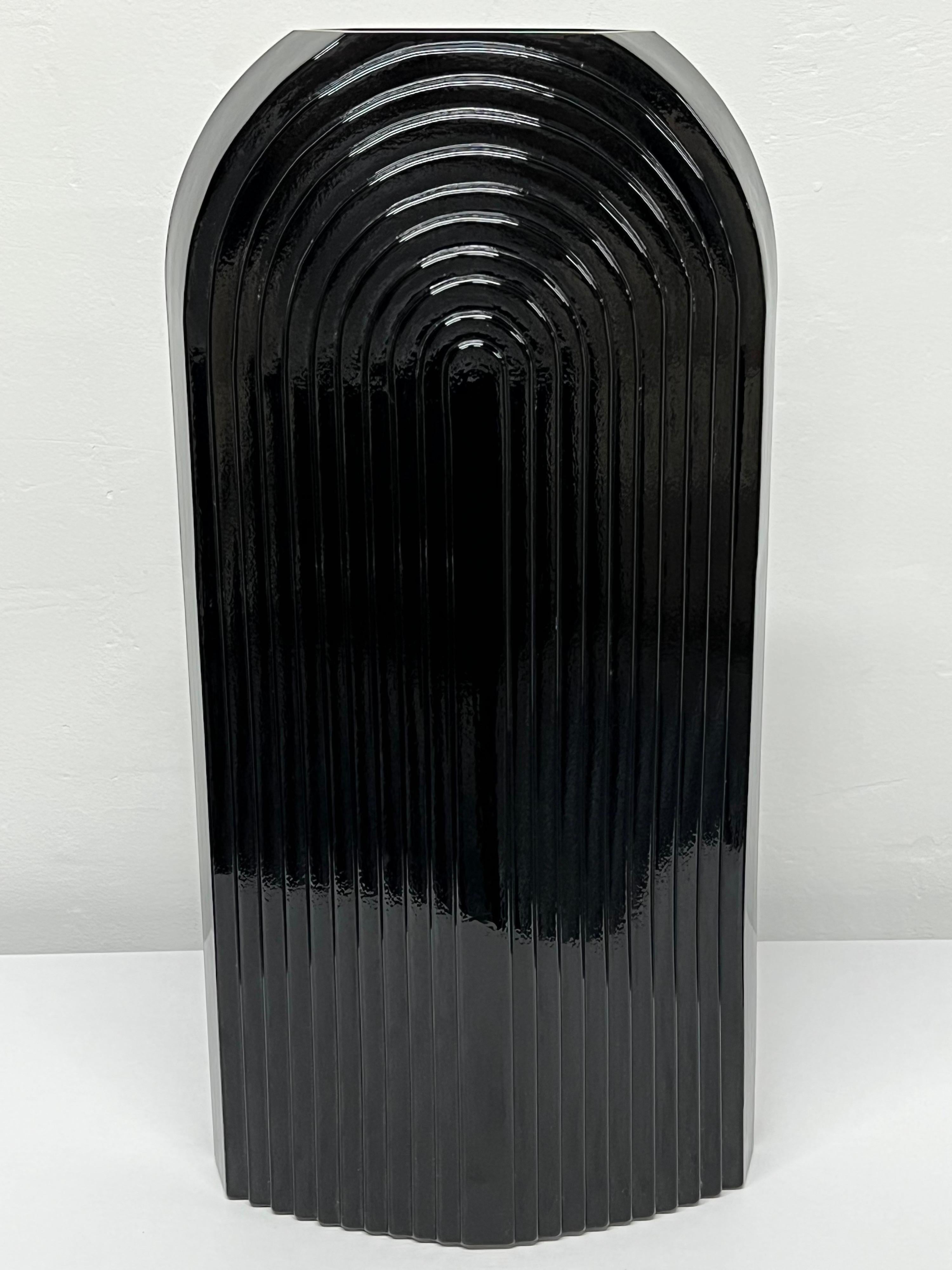 Art Deco Revival Large Fluted Black Ceramic Vase, 1980s 4