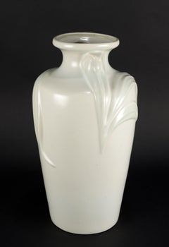 Art Deco Revival Large Light Blue Off-White Vase, Relief of Leaves, 1980s