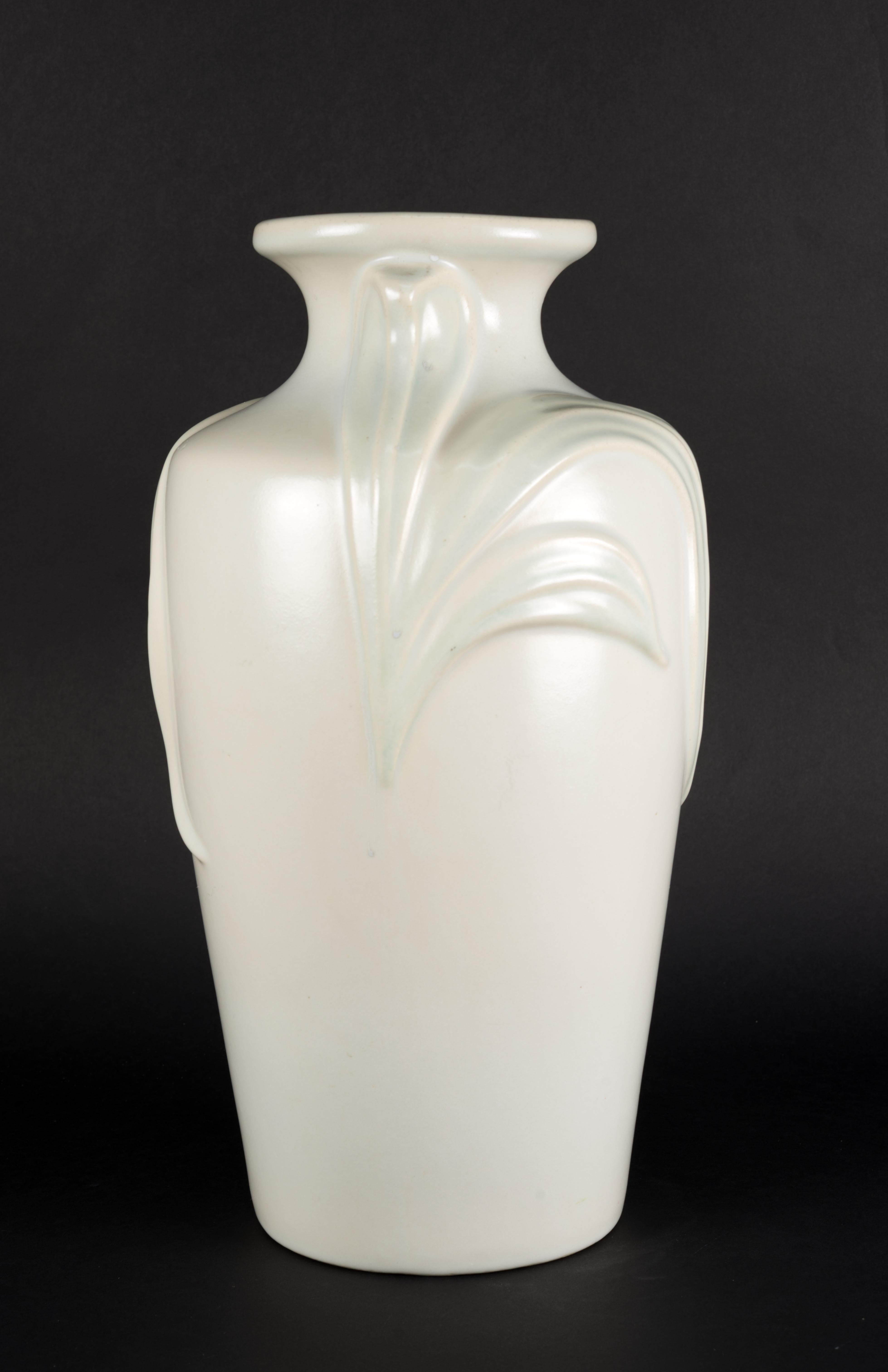 American Art Deco Revival Large Light Blue Off-White Vase, Relief of Leaves, 1980s For Sale