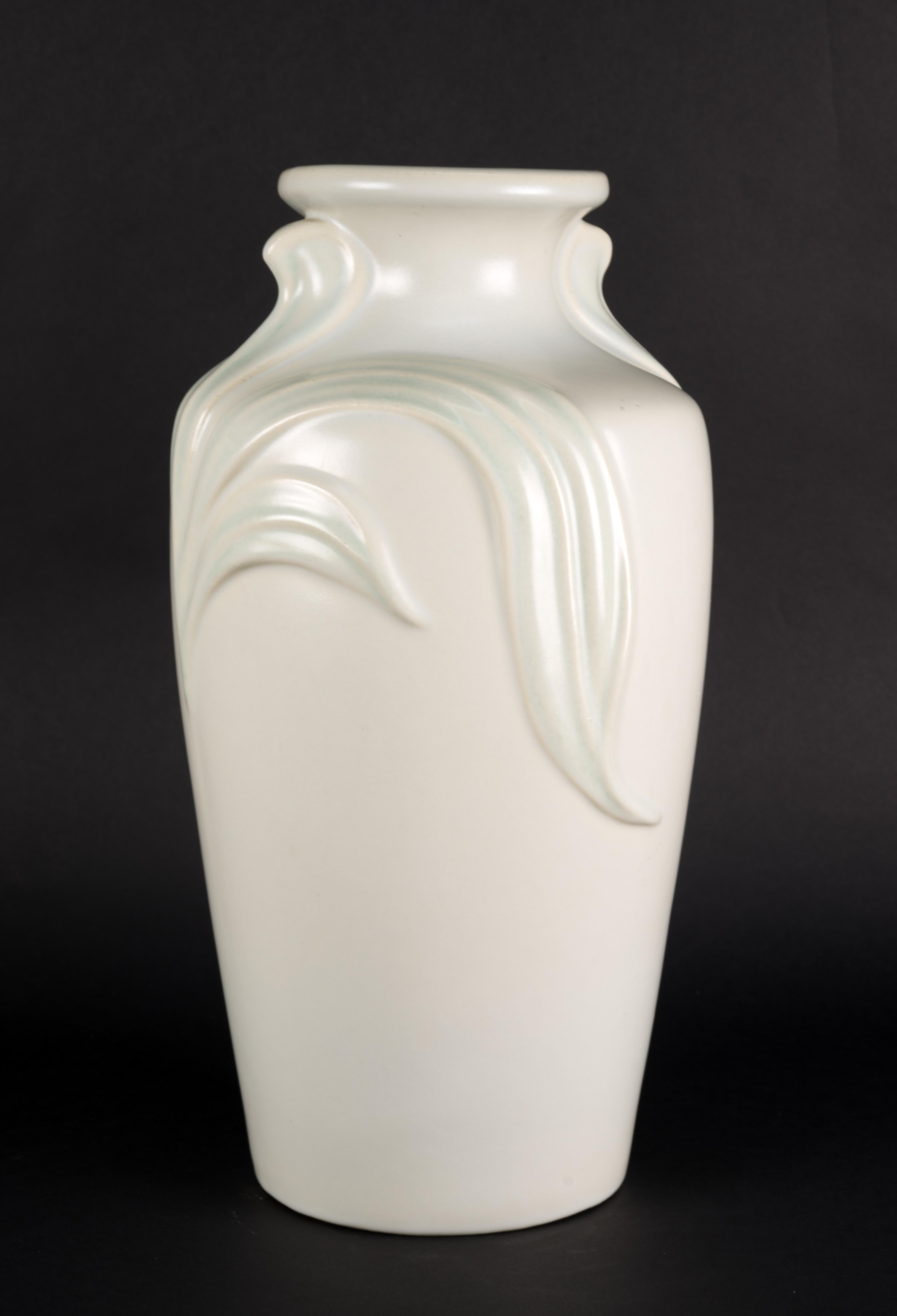 Art Deco Revival Large Light Blue Off-White Vase, Relief of Leaves, 1980s In Good Condition For Sale In Clifton Springs, NY