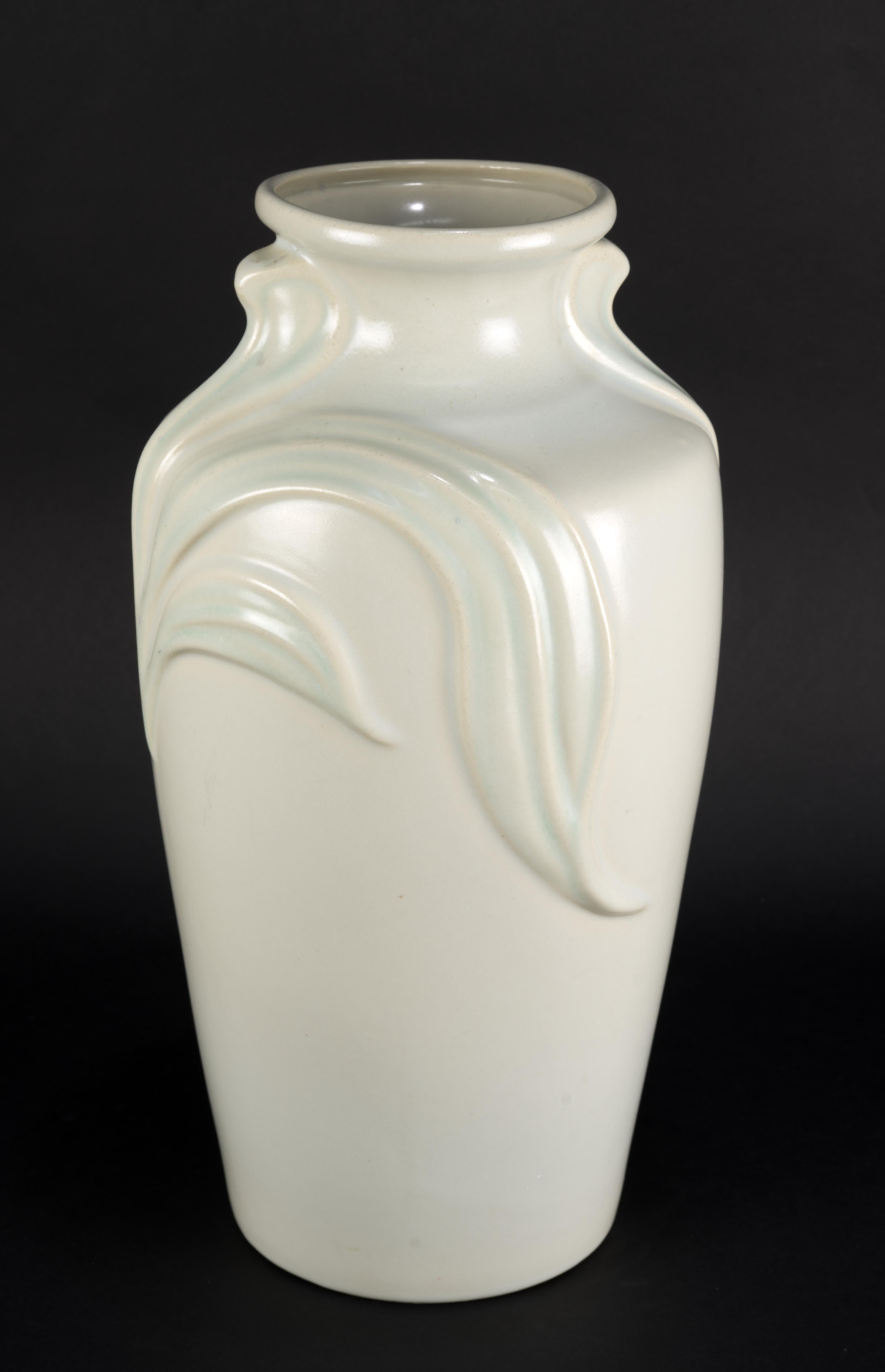 Ceramic Art Deco Revival Large Light Blue Off-White Vase, Relief of Leaves, 1980s For Sale