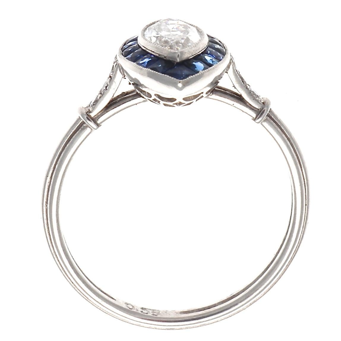 Art Deco Style Marquise Cut Diamond Sapphire Platinum Ring In New Condition In Beverly Hills, CA
