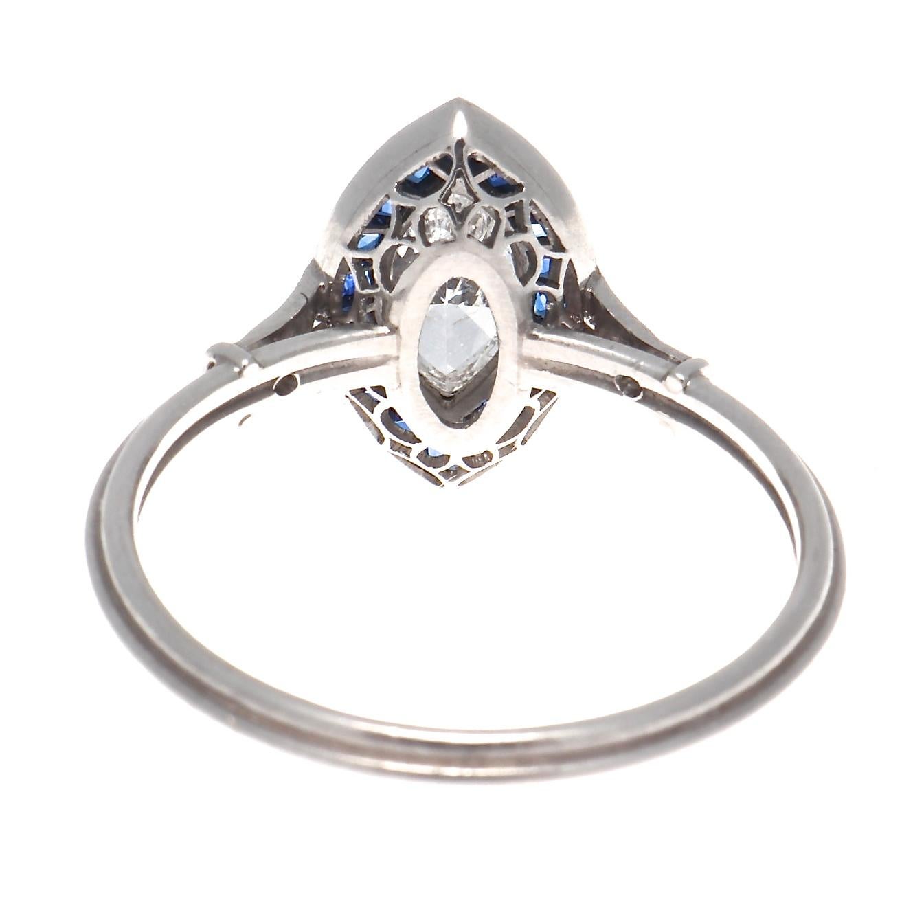 Women's Art Deco Style Marquise Cut Diamond Sapphire Platinum Ring