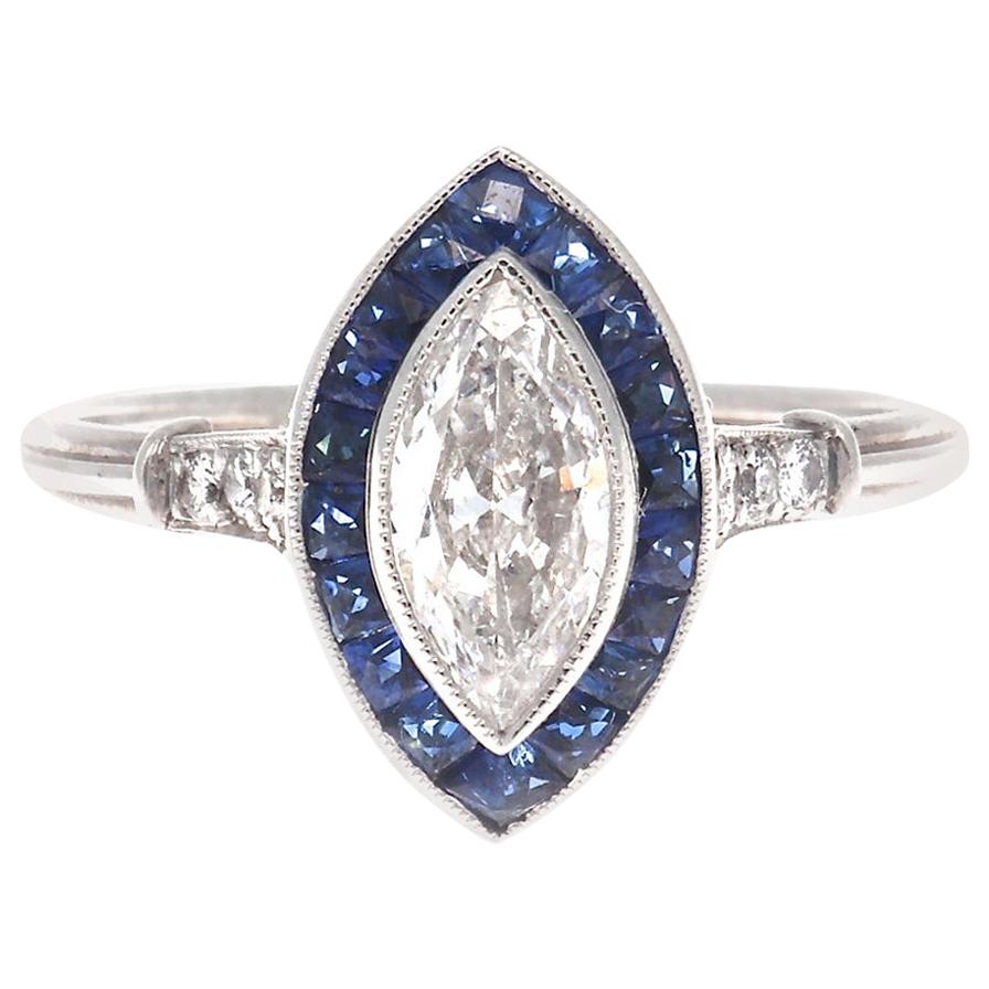 Art Deco Style Marquise Cut Diamond Sapphire Platinum Ring