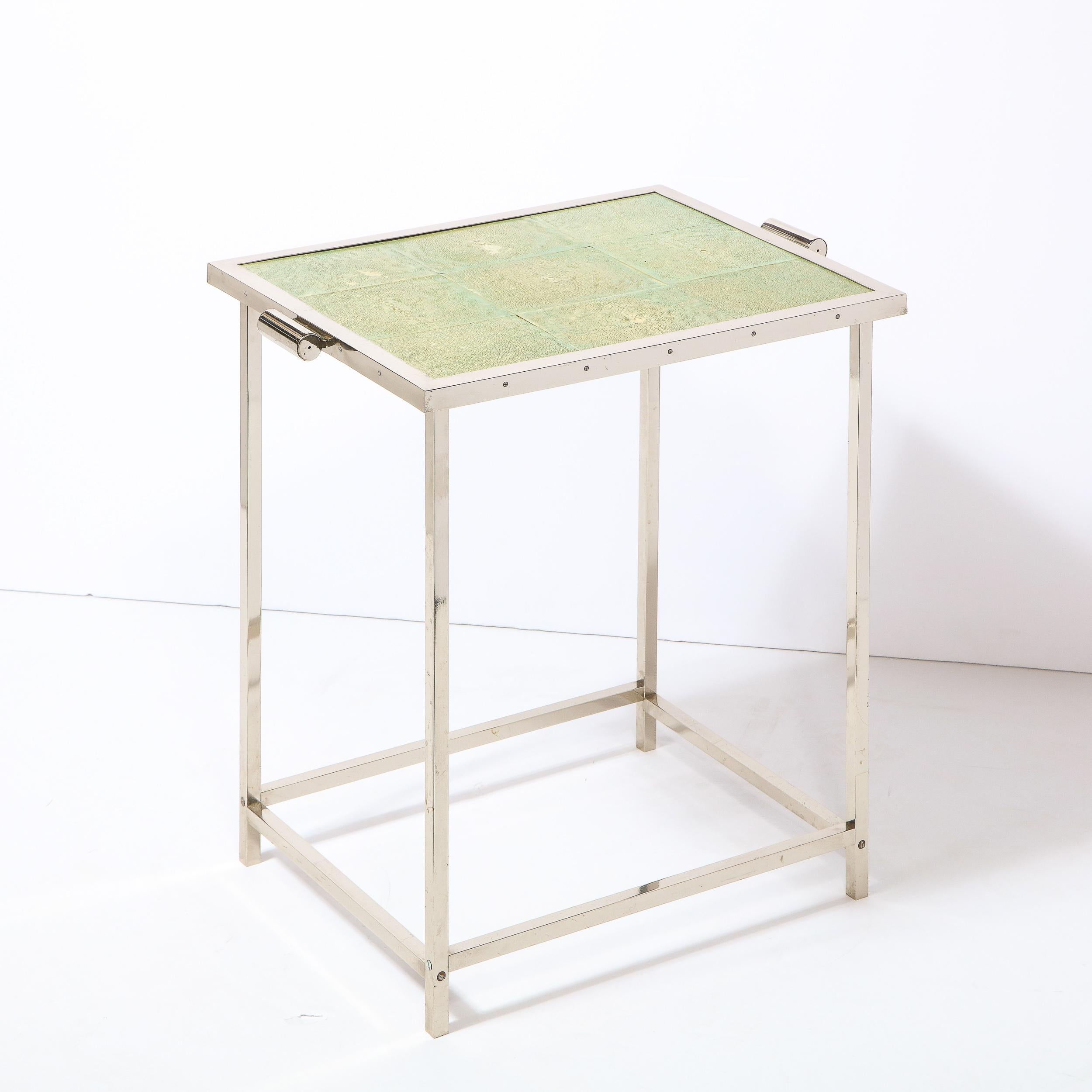 Late 20th Century Art Deco Revival Modernist Polished Aluminum Side Table with Shagreen Top