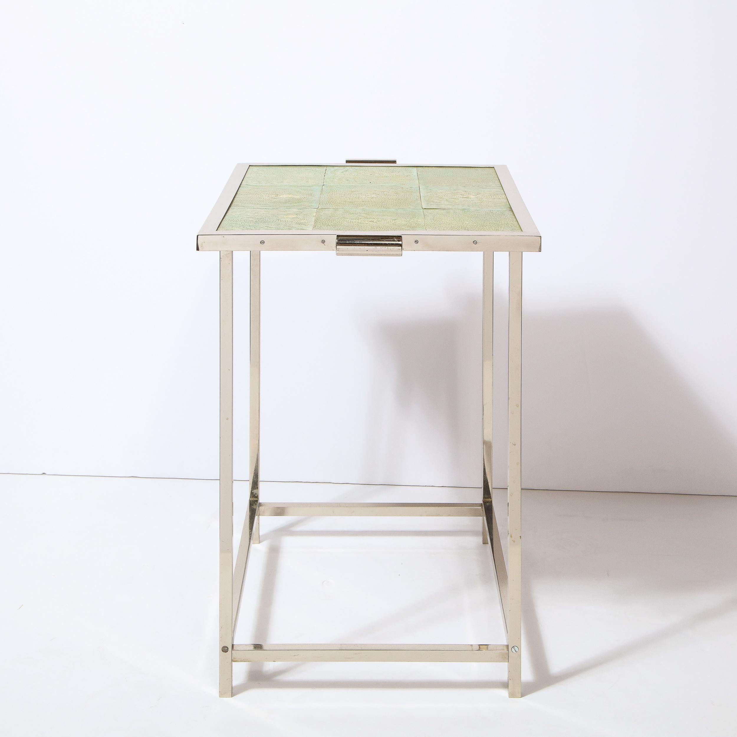 Art Deco Revival Modernist Polished Aluminum Side Table with Shagreen Top 4