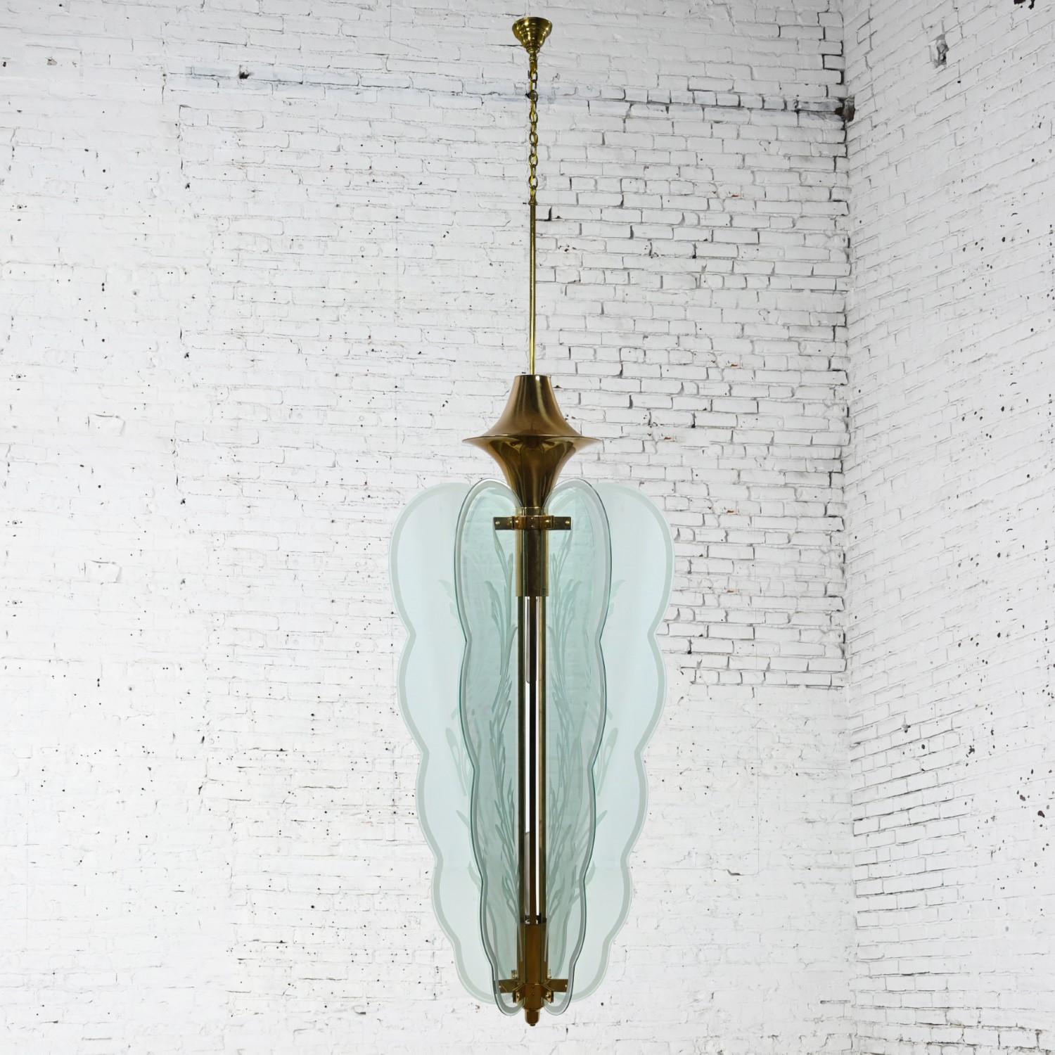 Art Deco Revival Monumental Brass Etched Glass Hanging Light Fixture Chandelier For Sale 5