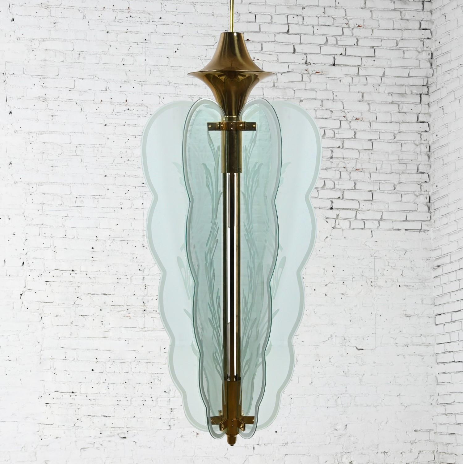 Art Deco Revival Monumental Brass Etched Glass Hanging Light Fixture Chandelier For Sale 6