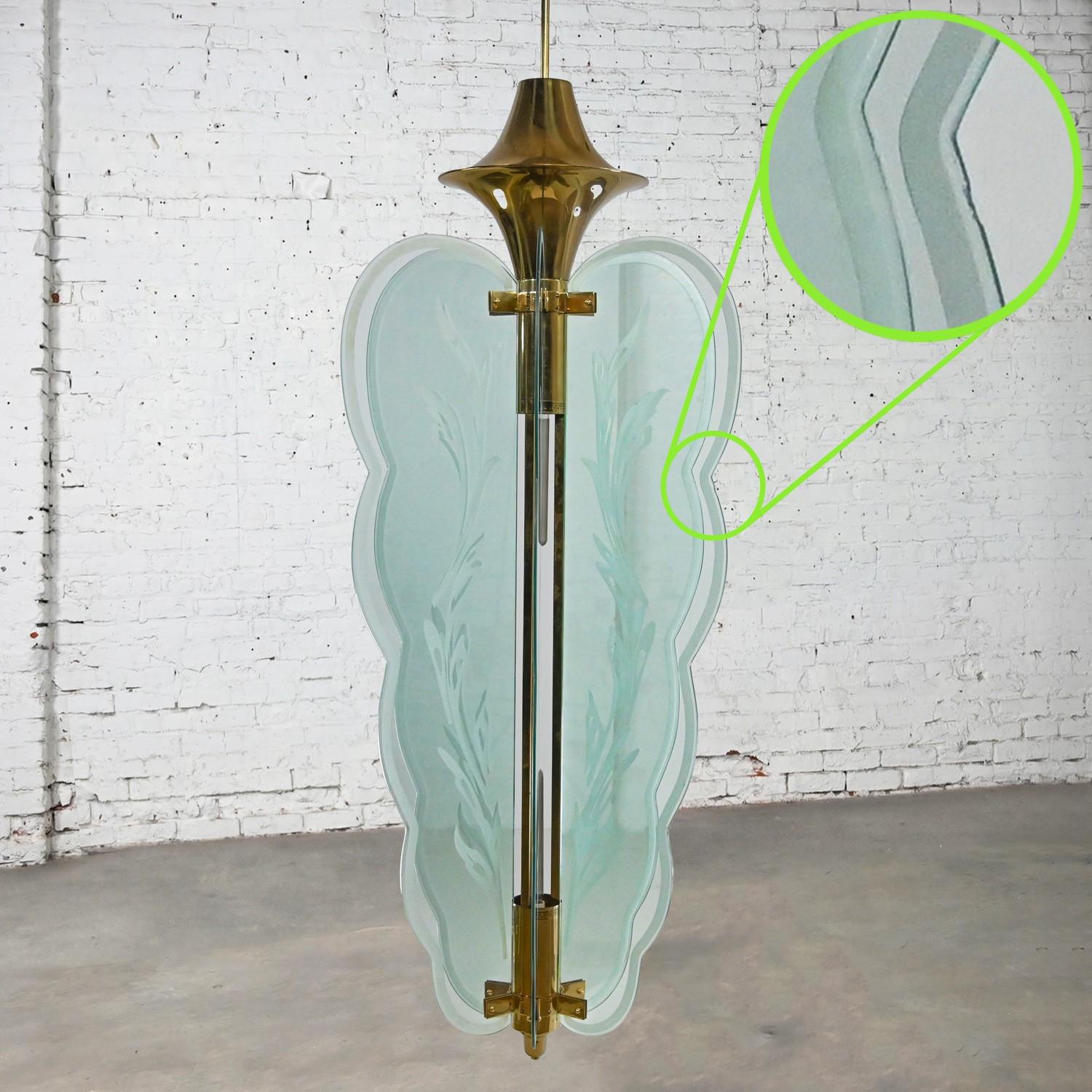 Art Deco Revival Monumental Brass Etched Glass Hanging Light Fixture Chandelier For Sale 7