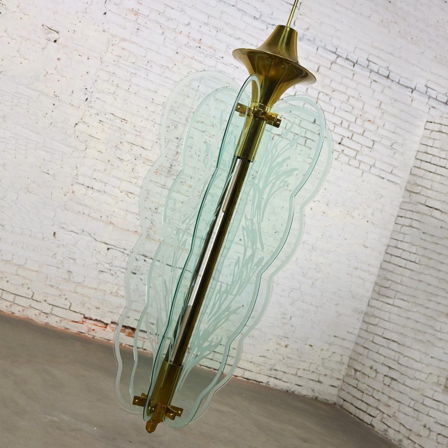 Art Deco Revival Monumental Brass Etched Glass Hanging Light Fixture Chandelier For Sale 8