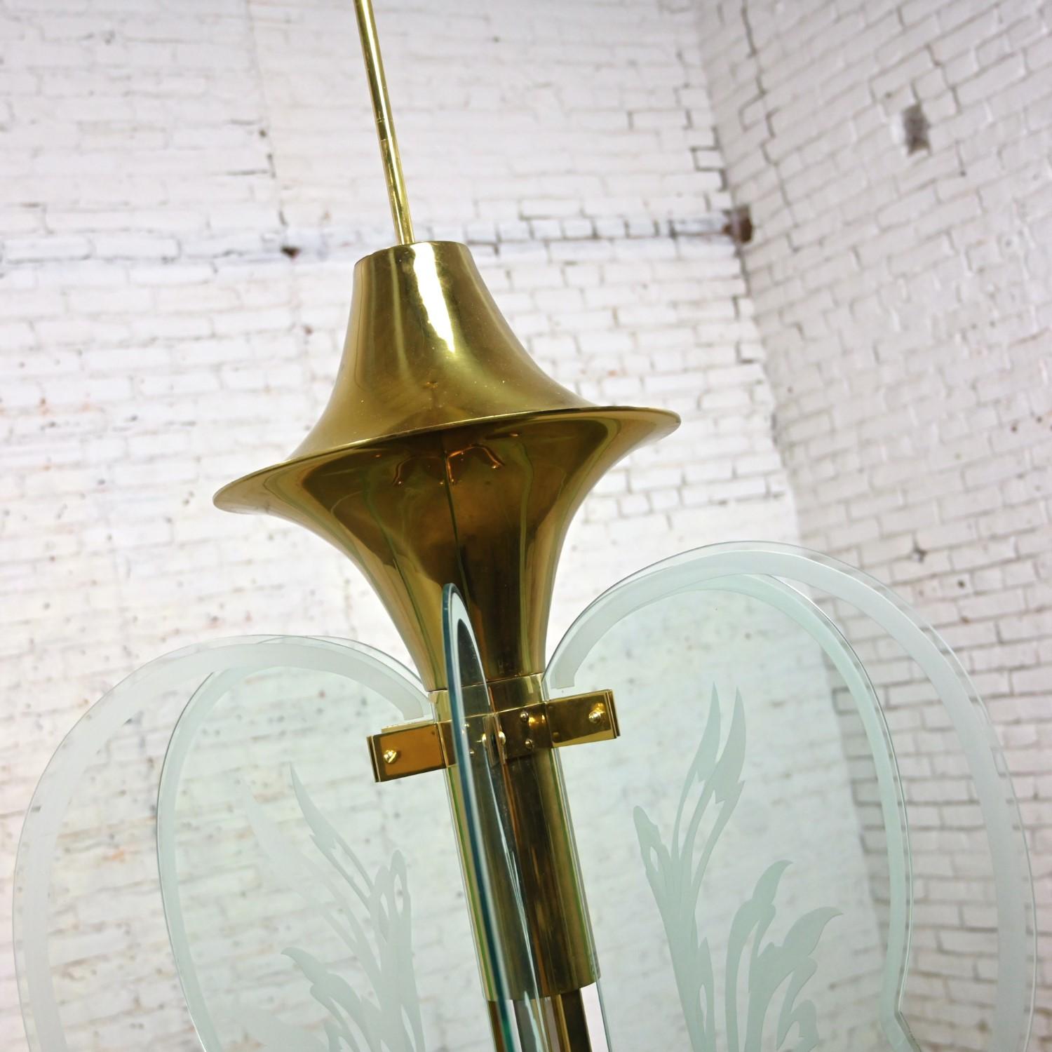 Art Deco Revival Monumental Brass Etched Glass Hanging Light Fixture Chandelier For Sale 9