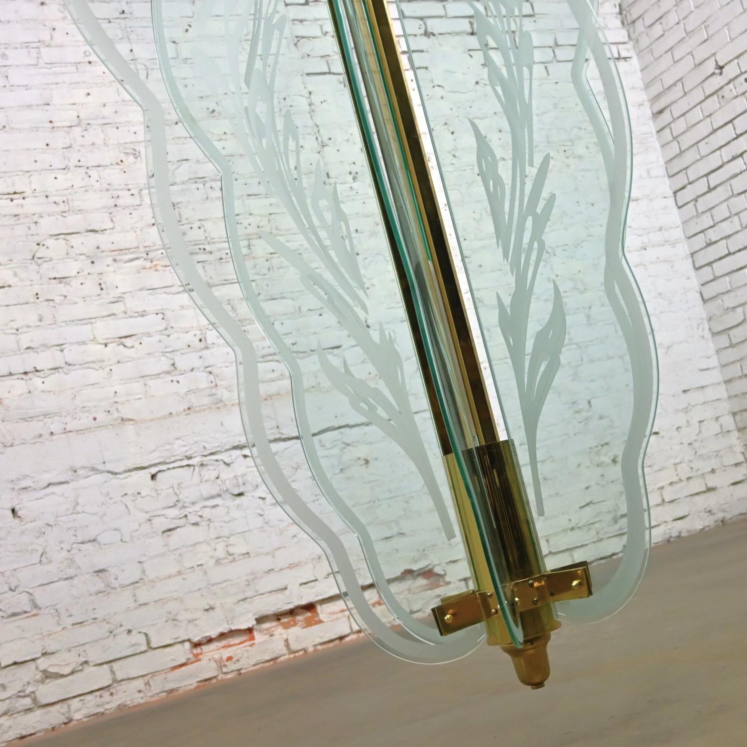 Art Deco Revival Monumental Brass Etched Glass Hanging Light Fixture Chandelier For Sale 12