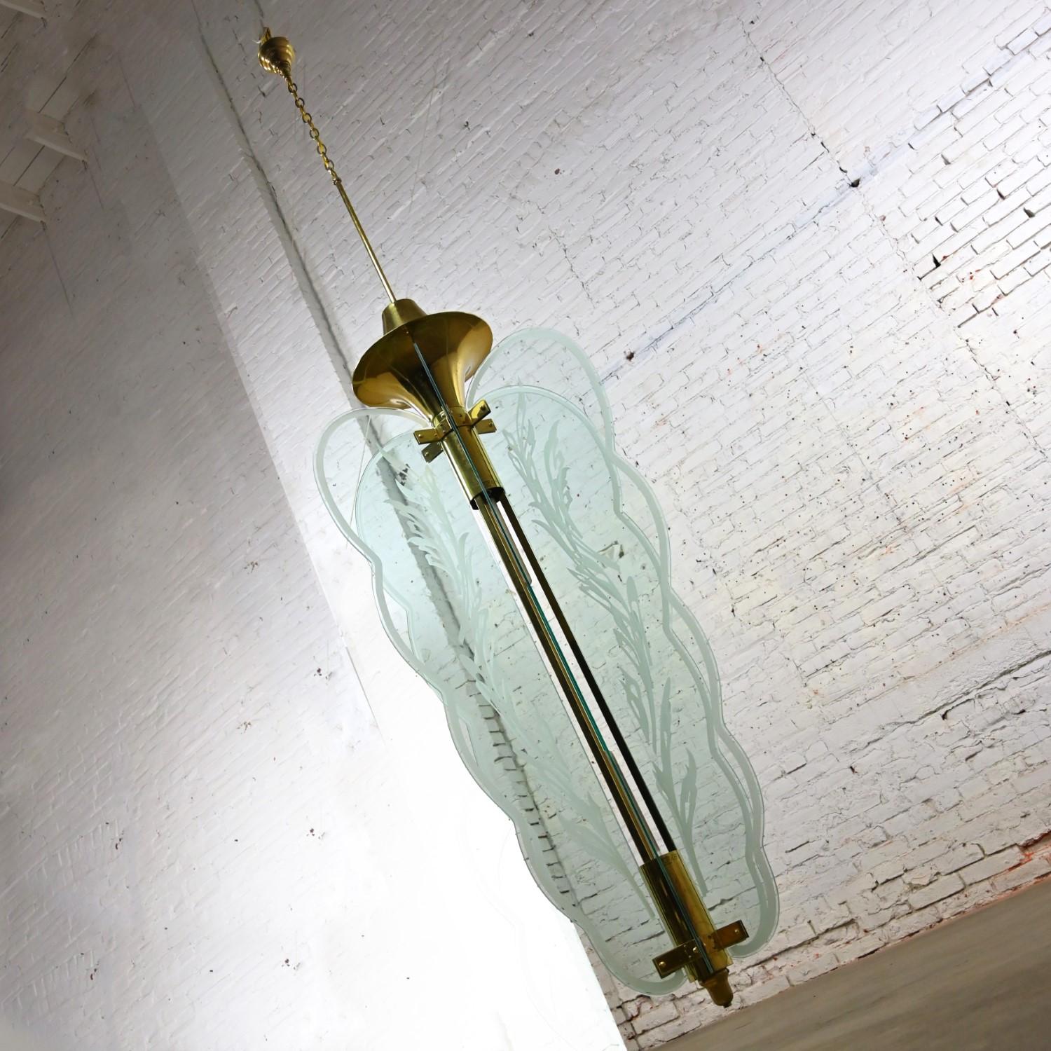 Art Deco Revival Monumental Brass Etched Glass Hanging Light Fixture Chandelier For Sale 13