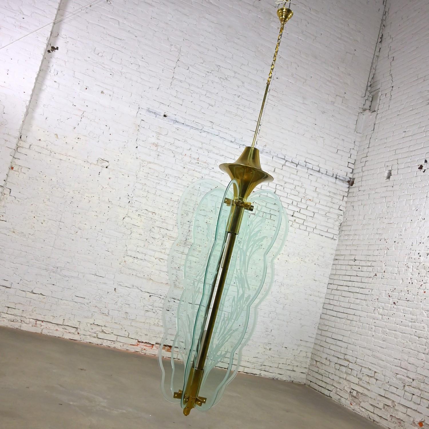 Art Deco Revival Monumental Brass Etched Glass Hanging Light Fixture Chandelier In Good Condition For Sale In Topeka, KS