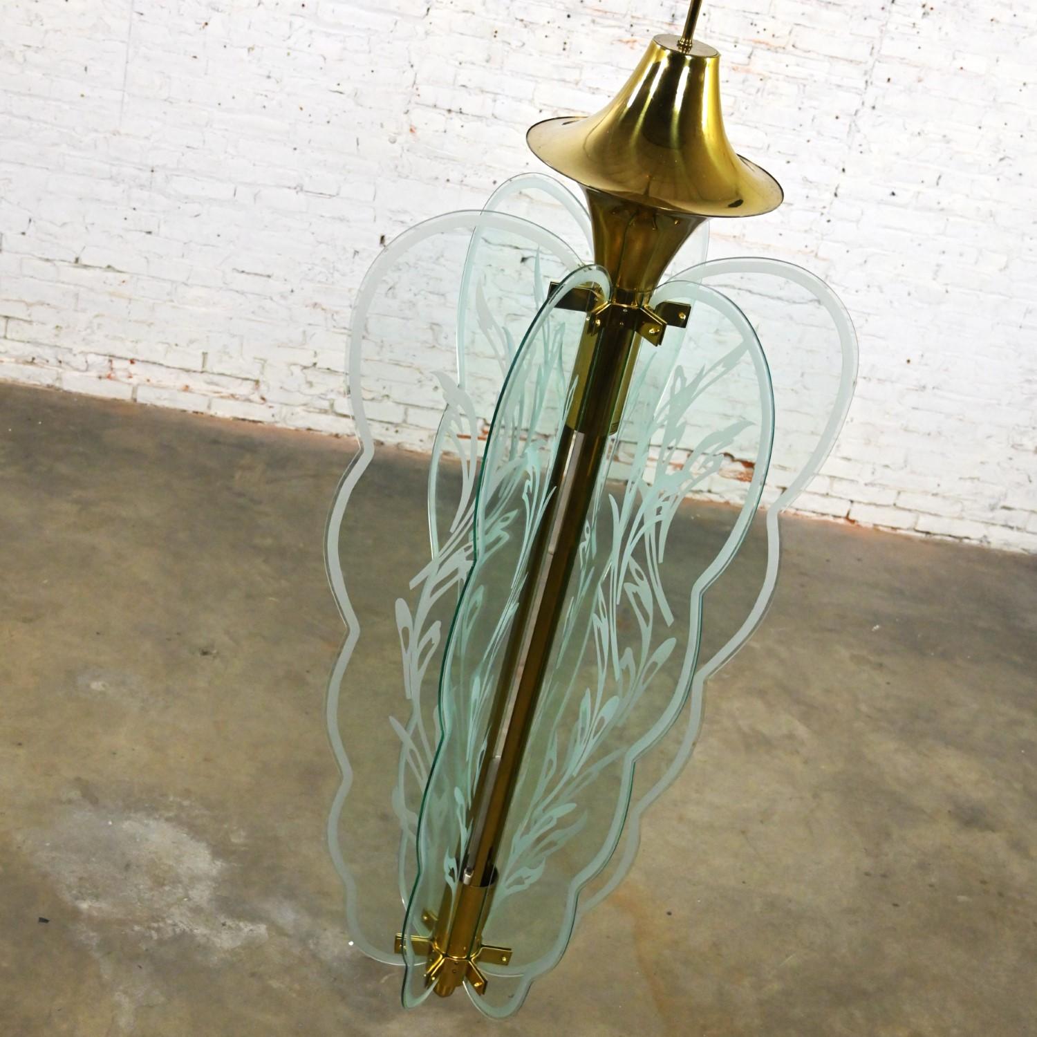 Art Deco Revival Monumental Brass Etched Glass Hanging Light Fixture Chandelier For Sale 2