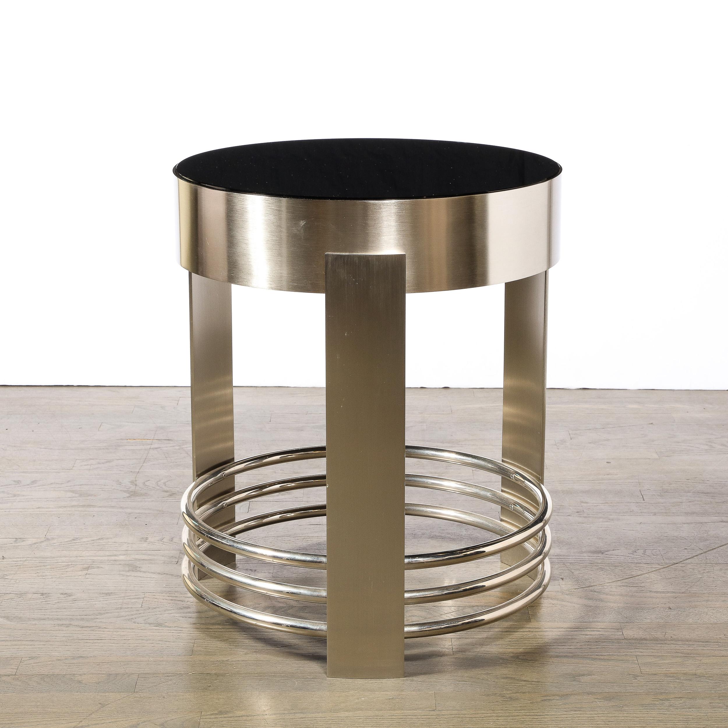 Aluminum Art Deco Revival Occasional Table in Brushed Nickel with Polished Banding
