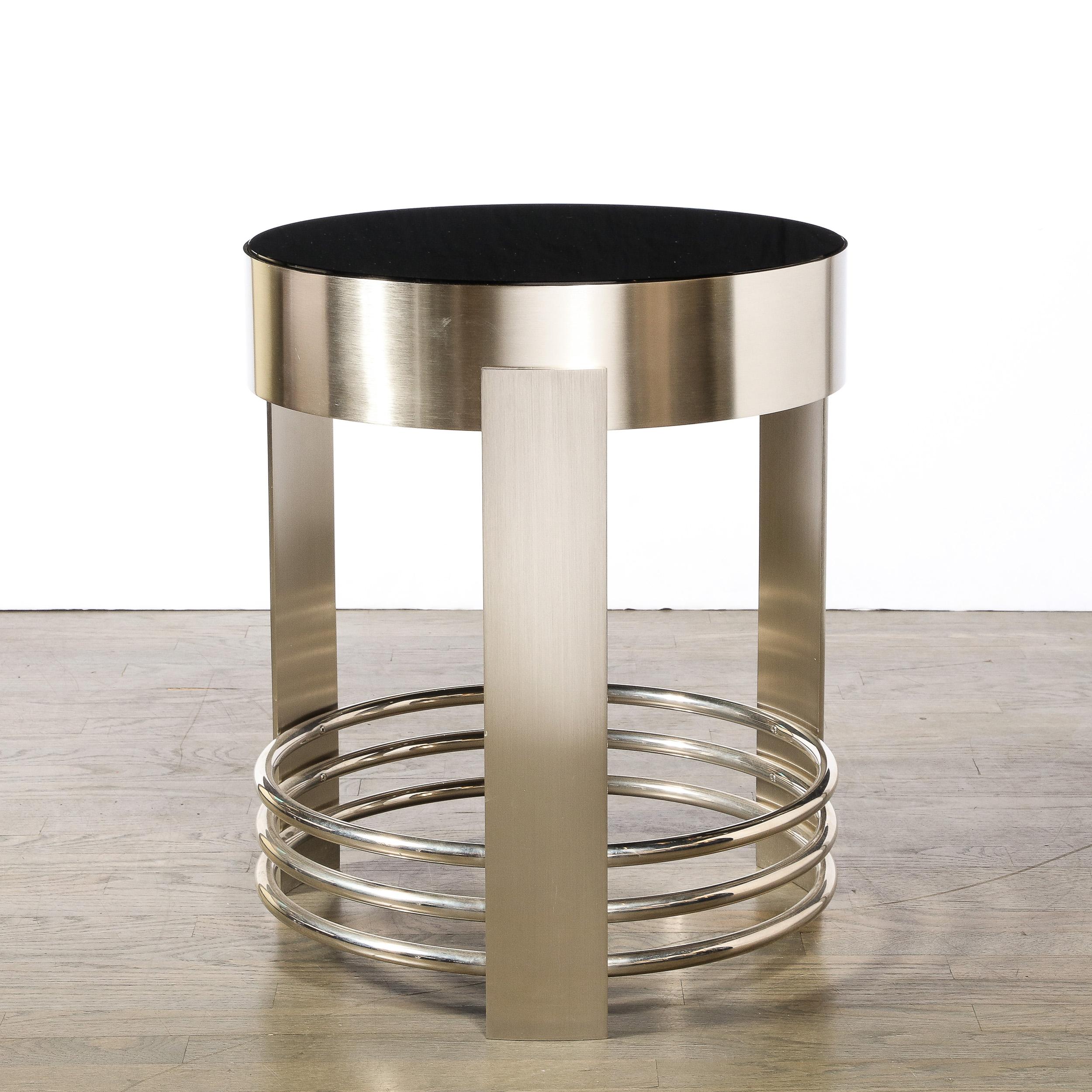Art Deco Revival Occasional Table in Brushed Nickel with Polished Banding 2
