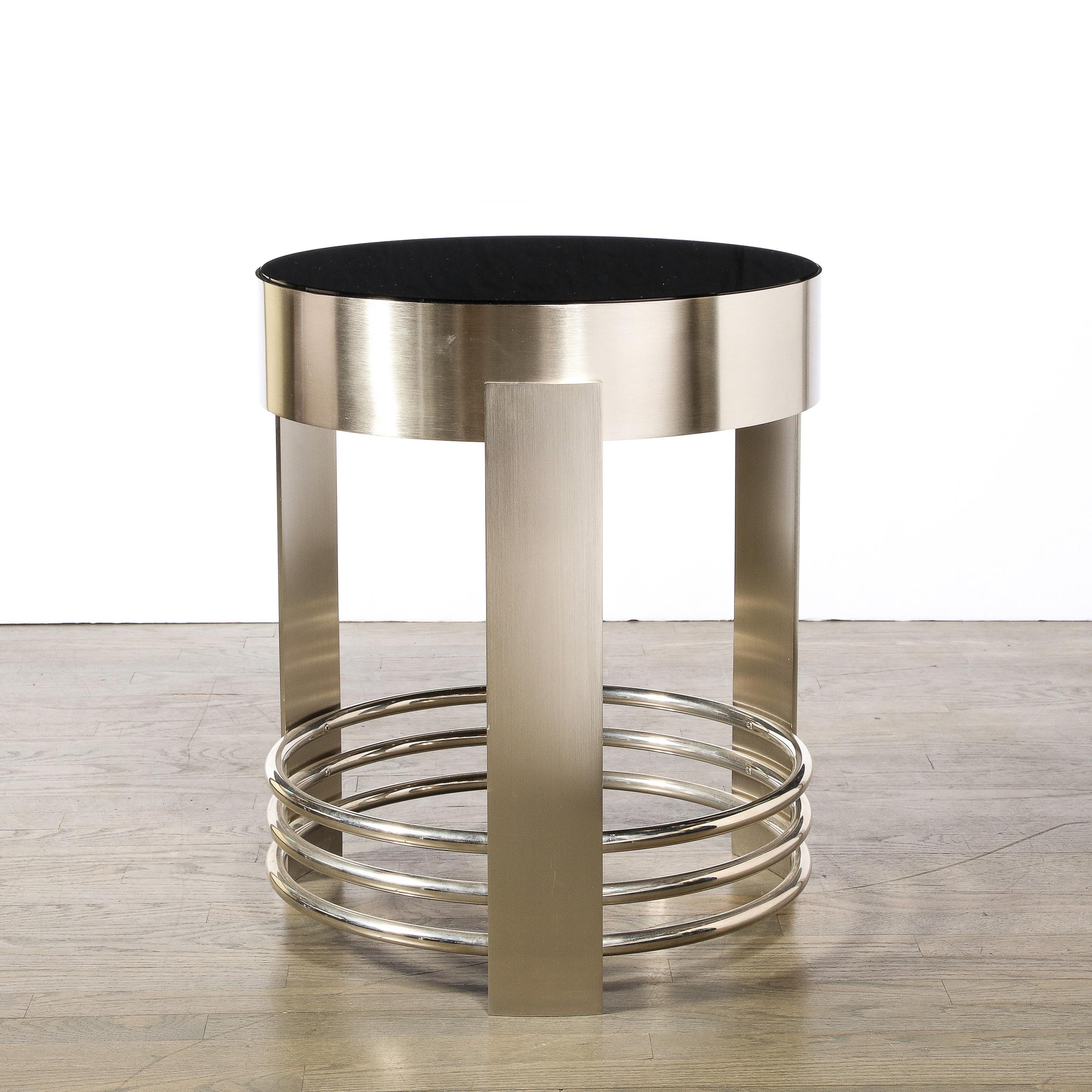 Art Deco Revival Occasional Table in Brushed Nickel with Polished Banding 3