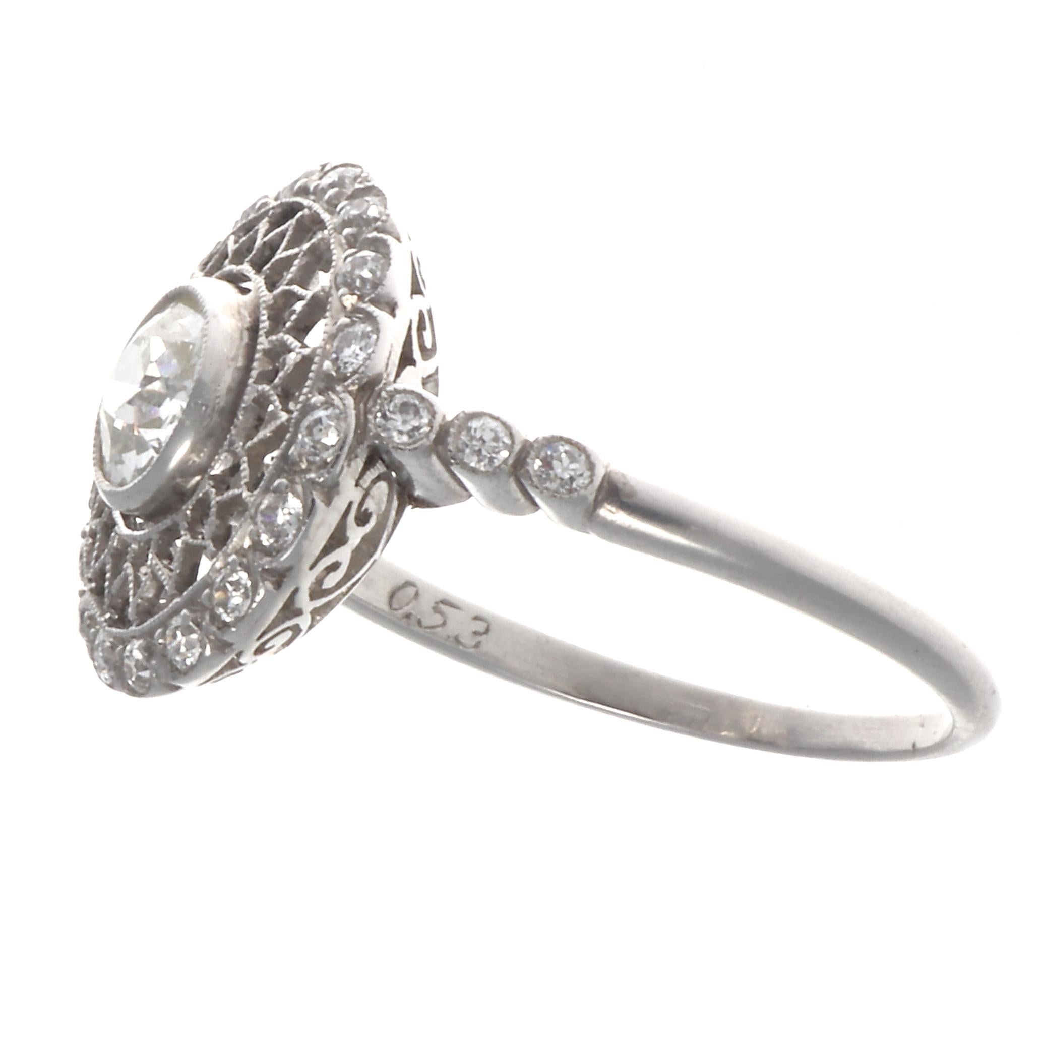 Art Deco Revival Old European Cut Diamond Platinum Ring In New Condition In Beverly Hills, CA