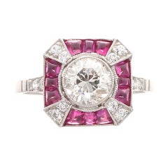 Art Deco Revival Old European Cut Diamond Ruby Platinum Ring