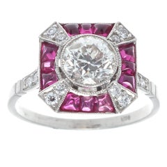 Art Deco Revival Old European Cut Diamond Ruby Platinum Ring