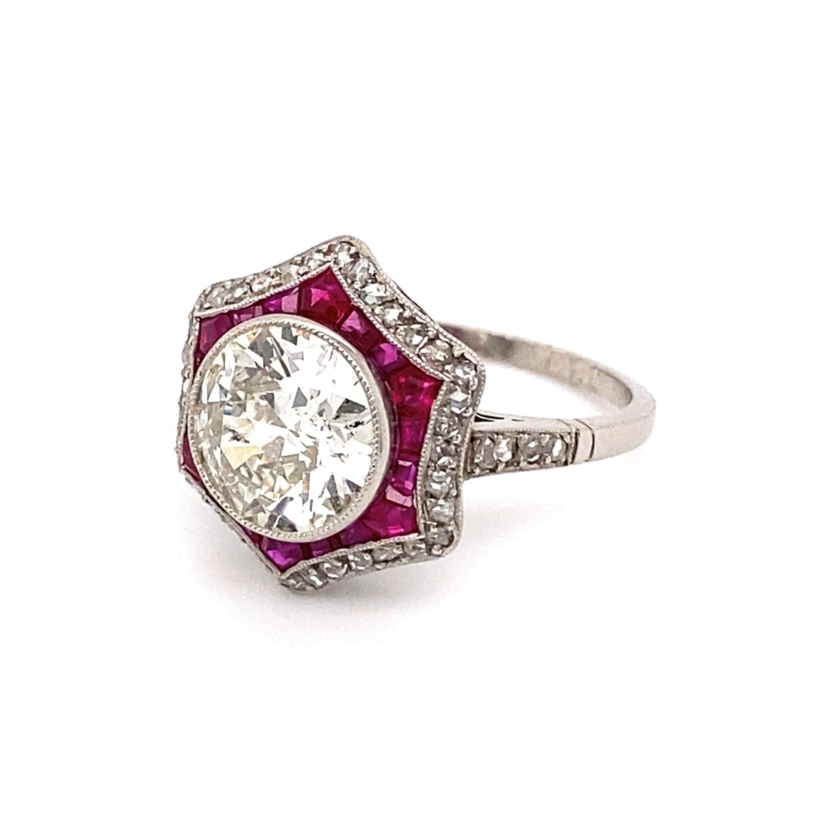 Art Deco Revival Old European Diamond Ruby and Diamond Surround Platinum Ring In Excellent Condition In Montreal, QC