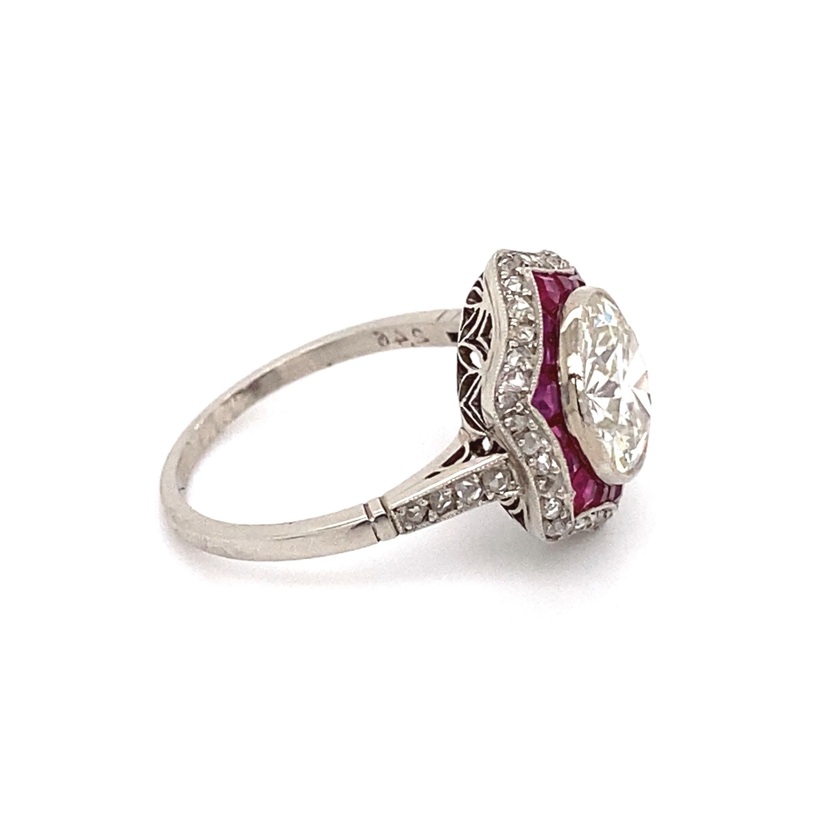 Women's Art Deco Revival Old European Diamond Ruby and Diamond Surround Platinum Ring