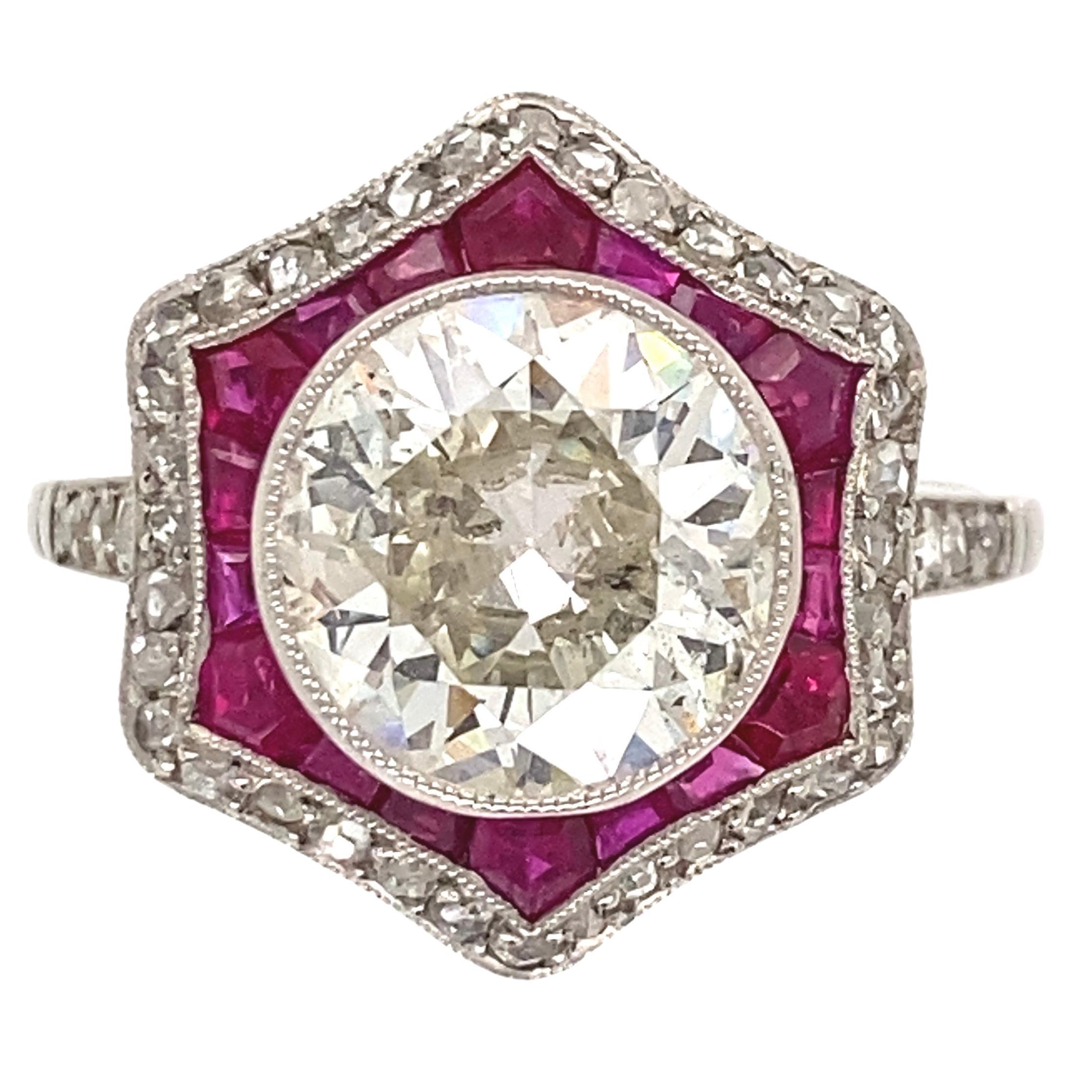 Art Deco Revival Old European Diamond Ruby and Diamond Surround Platinum Ring