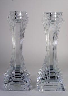 Art Deco Revival Pair of Tall Crystal Candlesticks