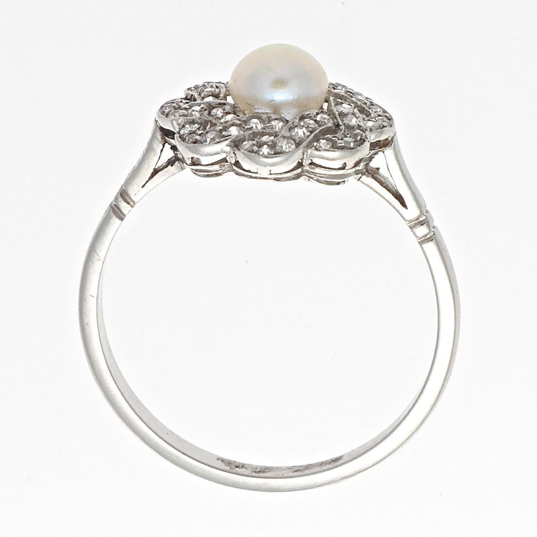 Bead Art Deco Style Pearl Diamond Platinum Ring